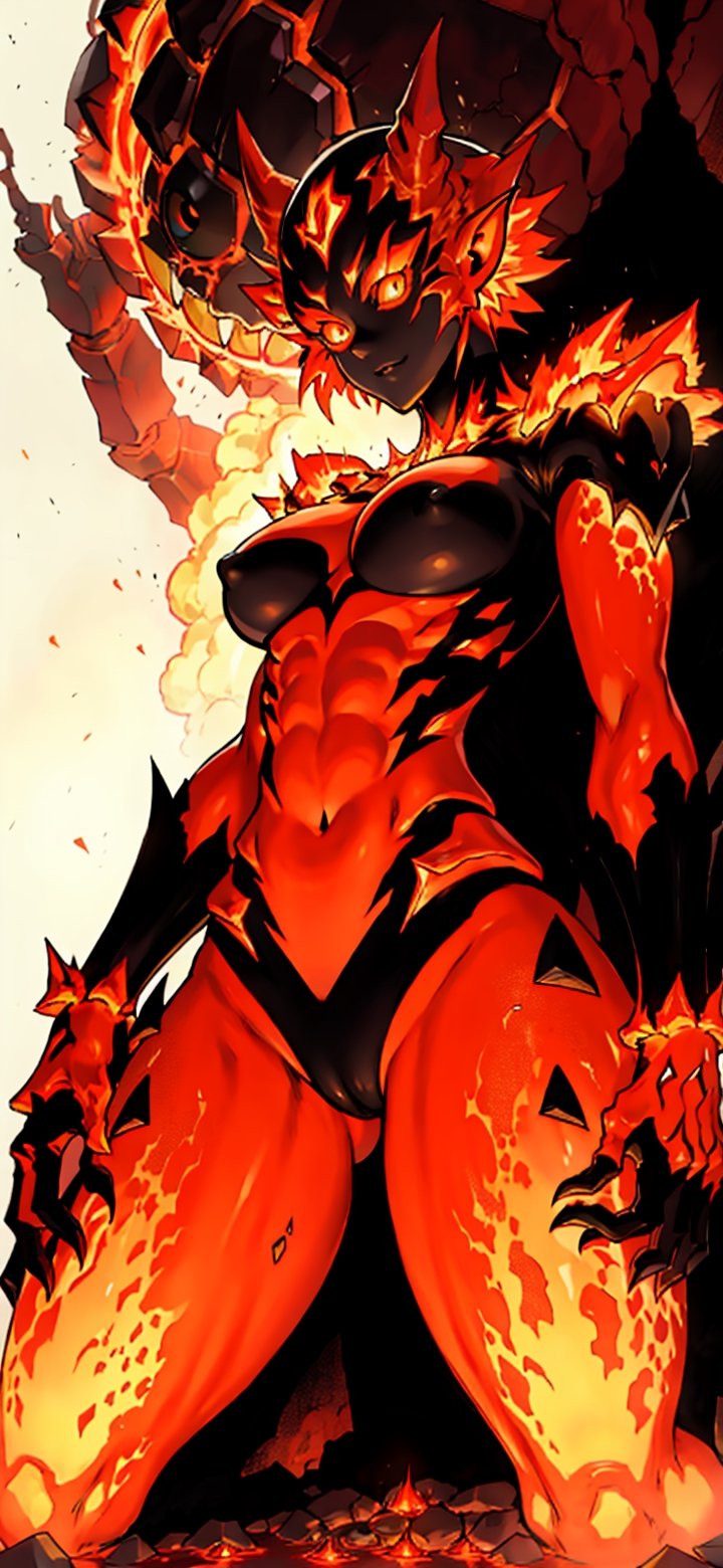 Murata Yuusuke art style , Lava_golem, 1 golem girl, monster girl, red , orange