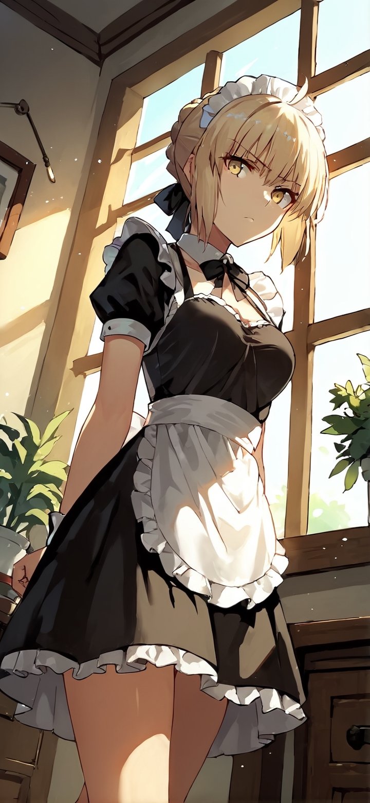 score_9, score_8_up, score_7_up, score_6_up, score_5_up, score_4_up, BREAK source_anime, 1girl, clothed, saber alter, indoors, potted plant, window, sunlight, by kasumi \(skchkko\), looking at viewer, serious, dutch angle, (maid uniform:1.1), braid,Expressiveh