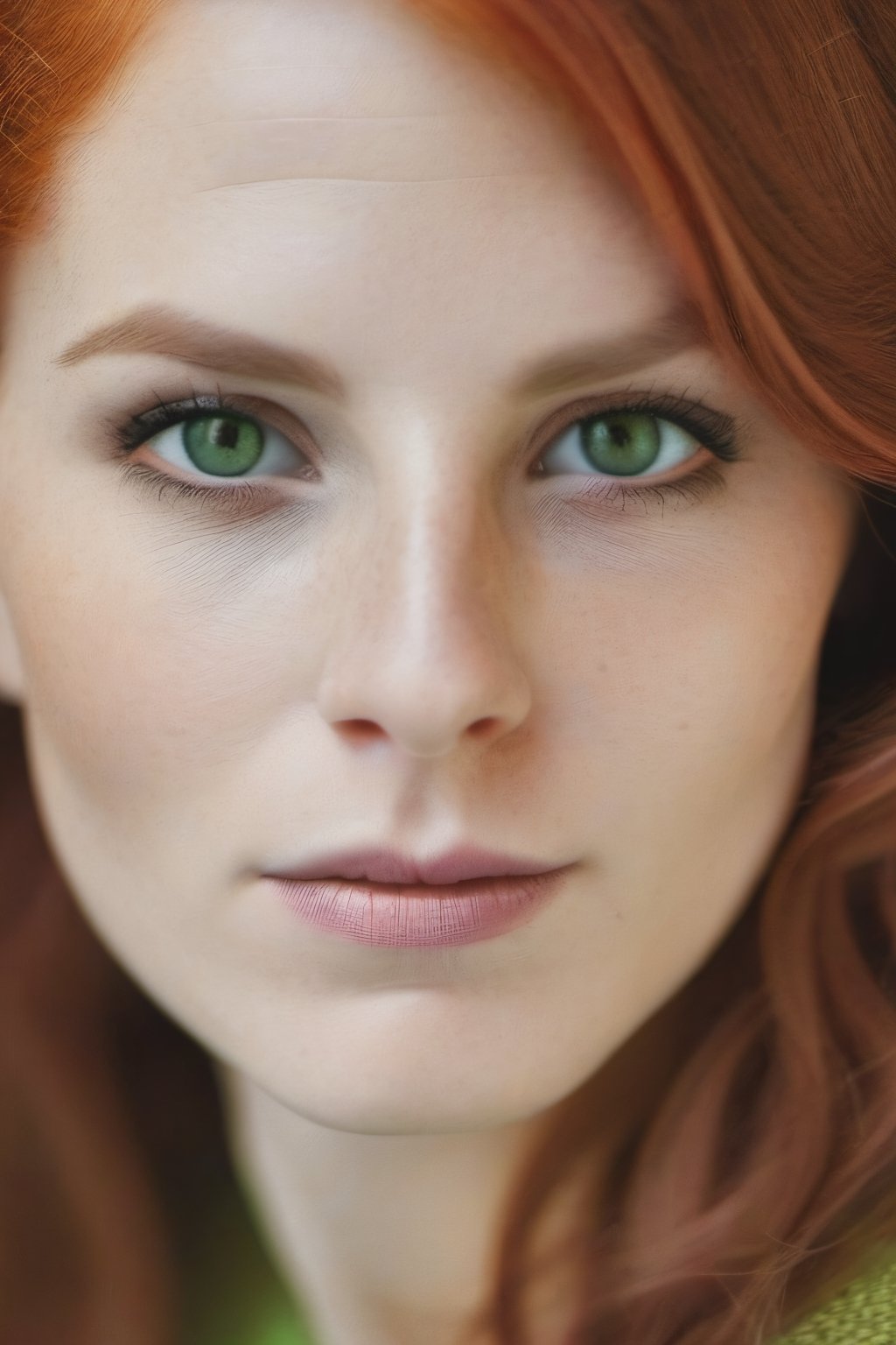 Portrait, Caucasian woman, oval face, green eyes, red hair