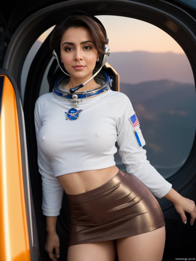 breathtaking photograph of girl astronaut with big breasts, ((astronaut uniform)), mini metallic tight skirt, floating in space, mars in the background, ((astronaut helm)), orange light, mirror reflection on the helm, low light, dark, best quality, masterpiece, illustration, an extremely delicate and beautiful, extremely detailed, (realistic, photo-realistic:1.37), photorealistic, amazing, finely detail, masterpiece, best quality, huge filesize, ultra-detailed, highres, extremely detailed, reflections, award-winning, professional, highly detailed, microskirt, Iranian actress(Nazanin Bayati), brown skin, blonde hair, long hair, hair in a bun, beautiful eyelashes, beautiful face, brown eyes, from bottom, legs visible, big breasts, microskirt, perfecteyes,Microskirt