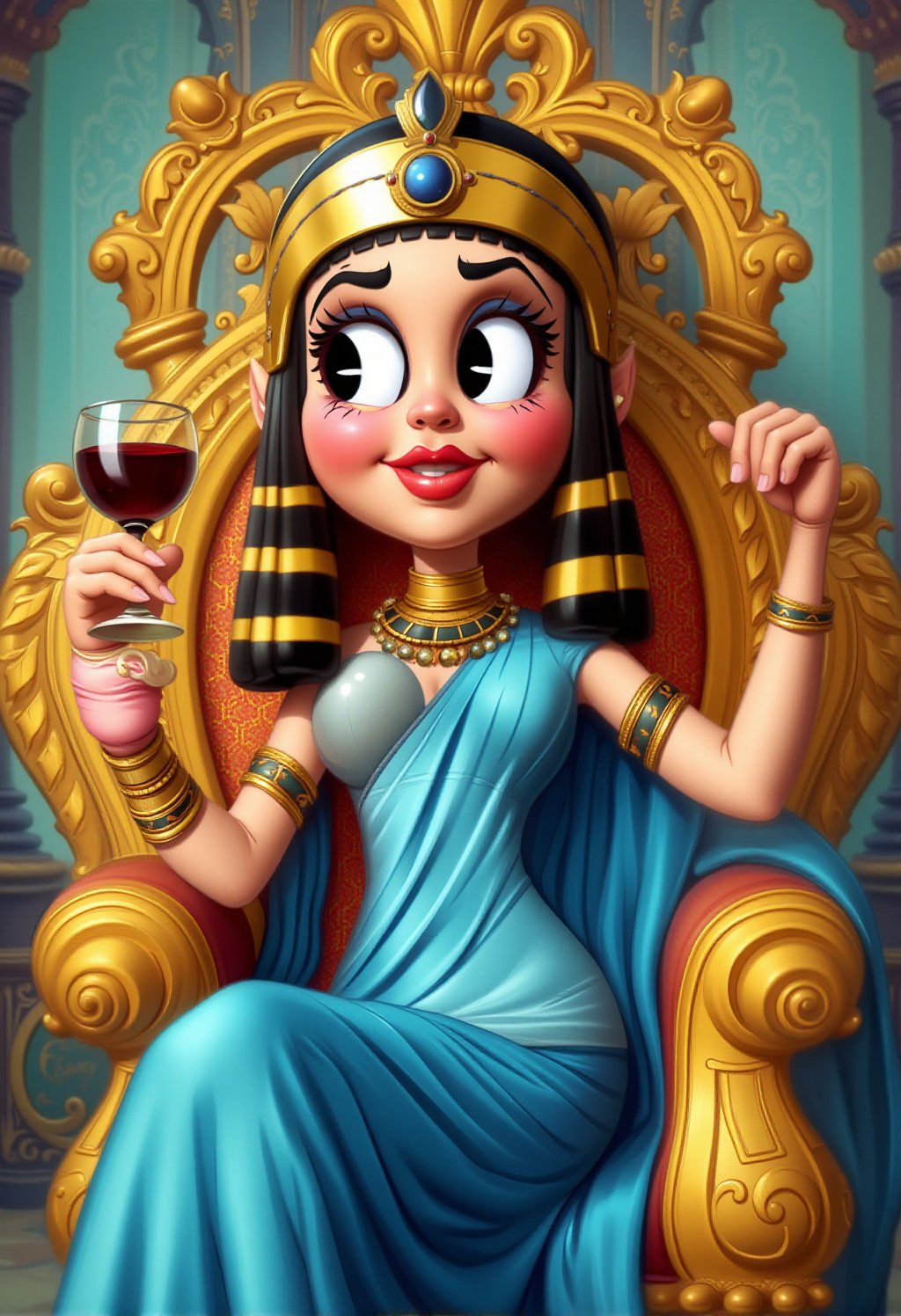 vintage rubberhose style illustration, 3d animation scene of Cleopatra lounges on an oversized, ornate golden throne, holding a goblet of wine in one hand. Her features are exaggerated, with large, almond-shaped eyes outlined in thick kohl, and her expression is one of sly amusement