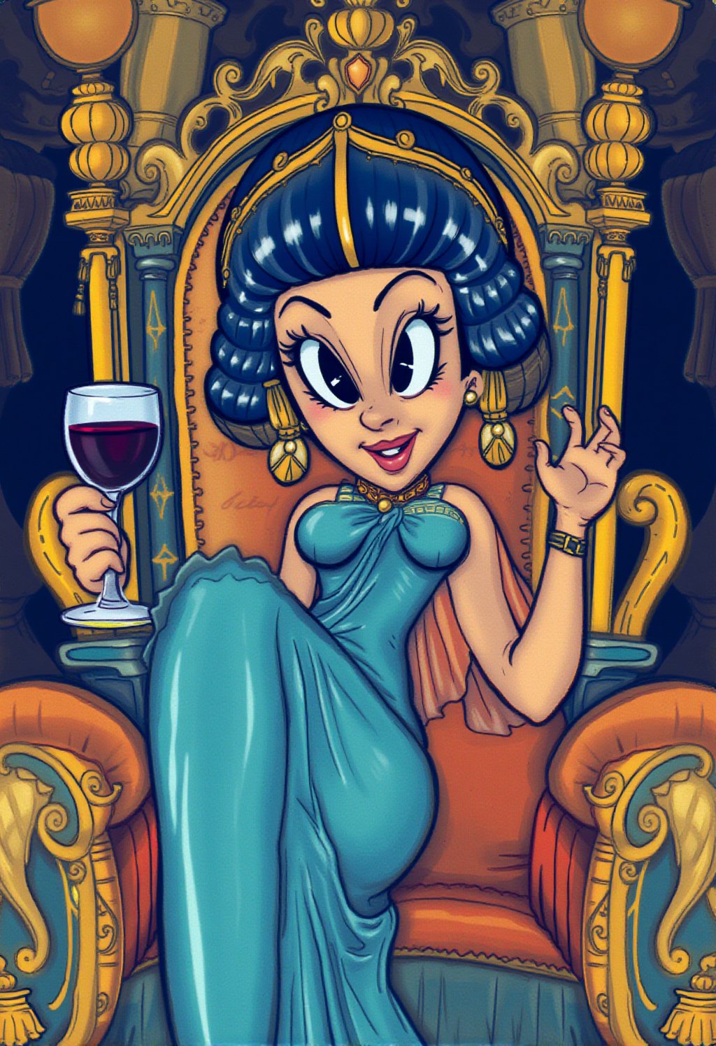 vintage rubberhose style illustration, golden age of animation of Cleopatra lounges on an oversized, ornate golden throne, holding a goblet of wine in one hand. Her features are exaggerated, with large, almond-shaped eyes outlined in thick kohl, and her expression is one of sly amusement,