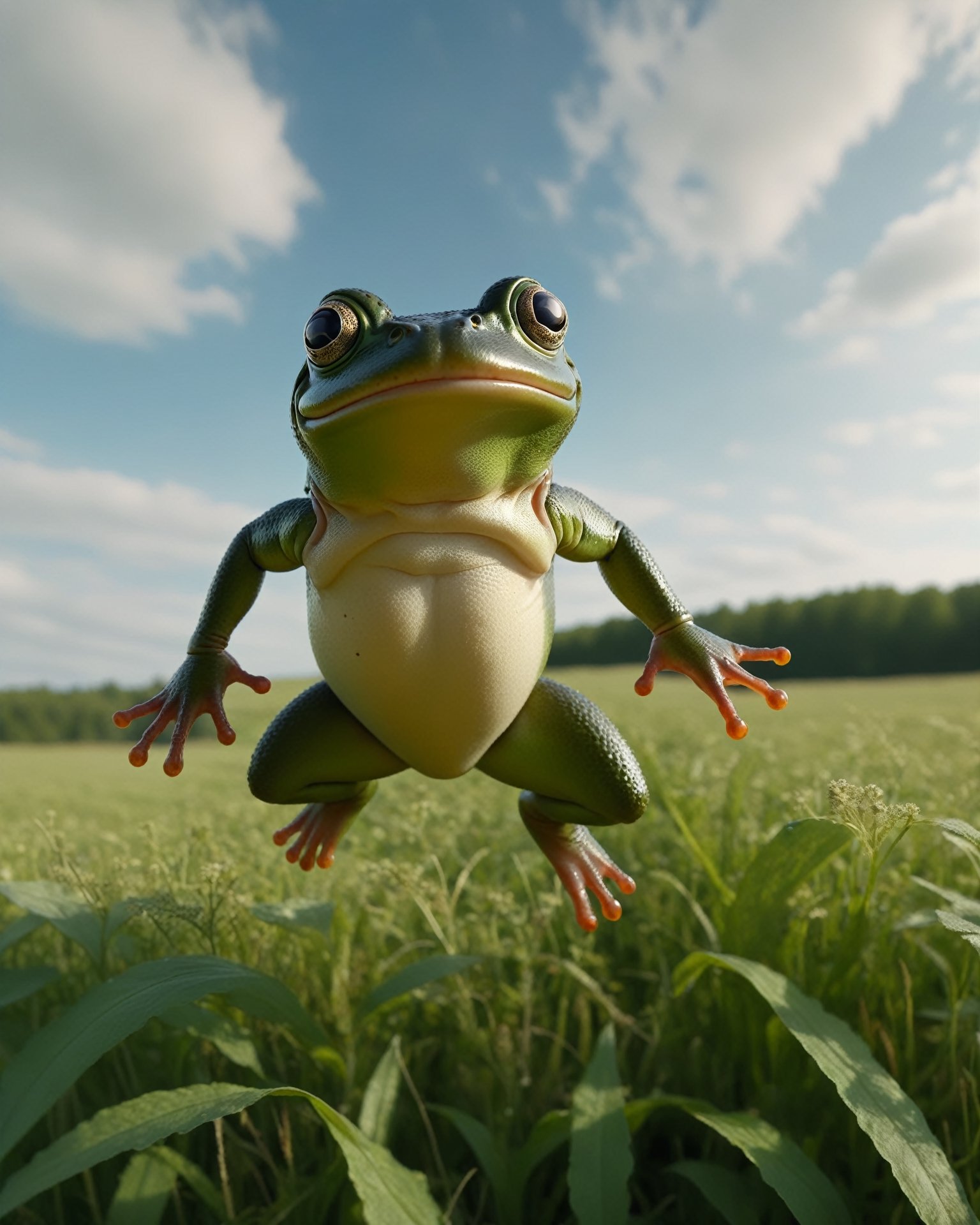 POV shot of a hefty frog, jumping in a field, Hyperpop, glimmering transformation, 4K,zhibi