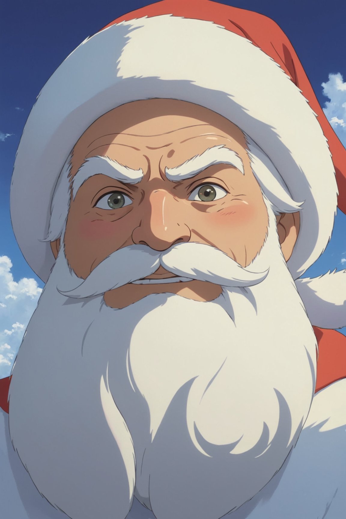 art by Makoto Shinkai and Studio Ghibli, Anime, close up of a Magnificent midweight Sardinian (Santa:1.2), Magnificent, Rusticcore