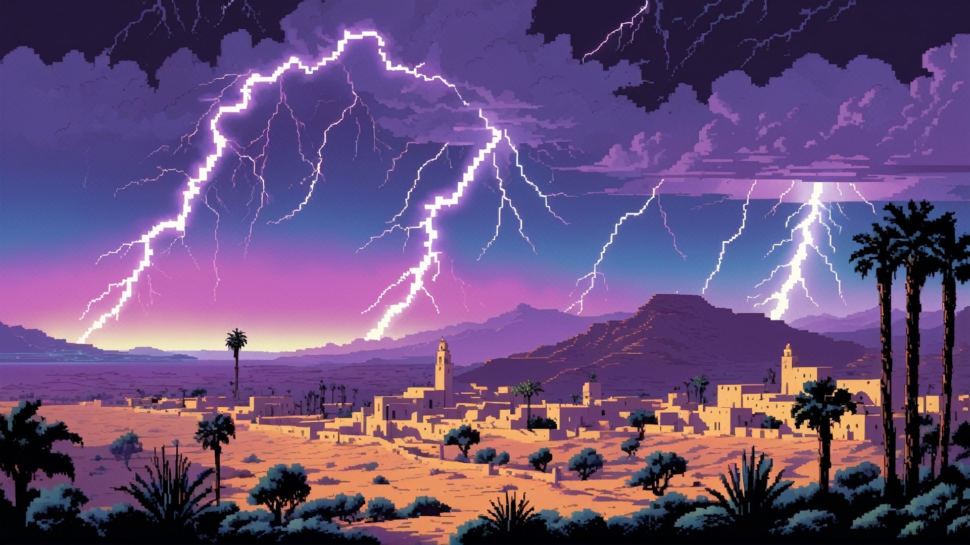 concept art, Gradient lightning bolts, landscape of a 1990'S Morocco, Hurricane, Detailed illustration, 80mm, Kodachrome, surreal design, Beautifully Lit, L USM,  pixel art