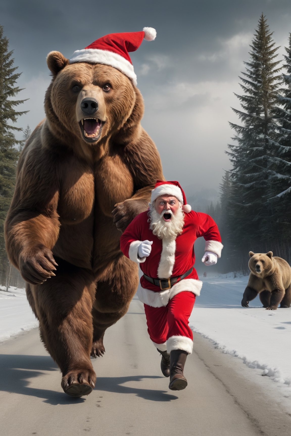 Santa running away from a brown bear,  scared face
, HDR, highly detailed, 32k,