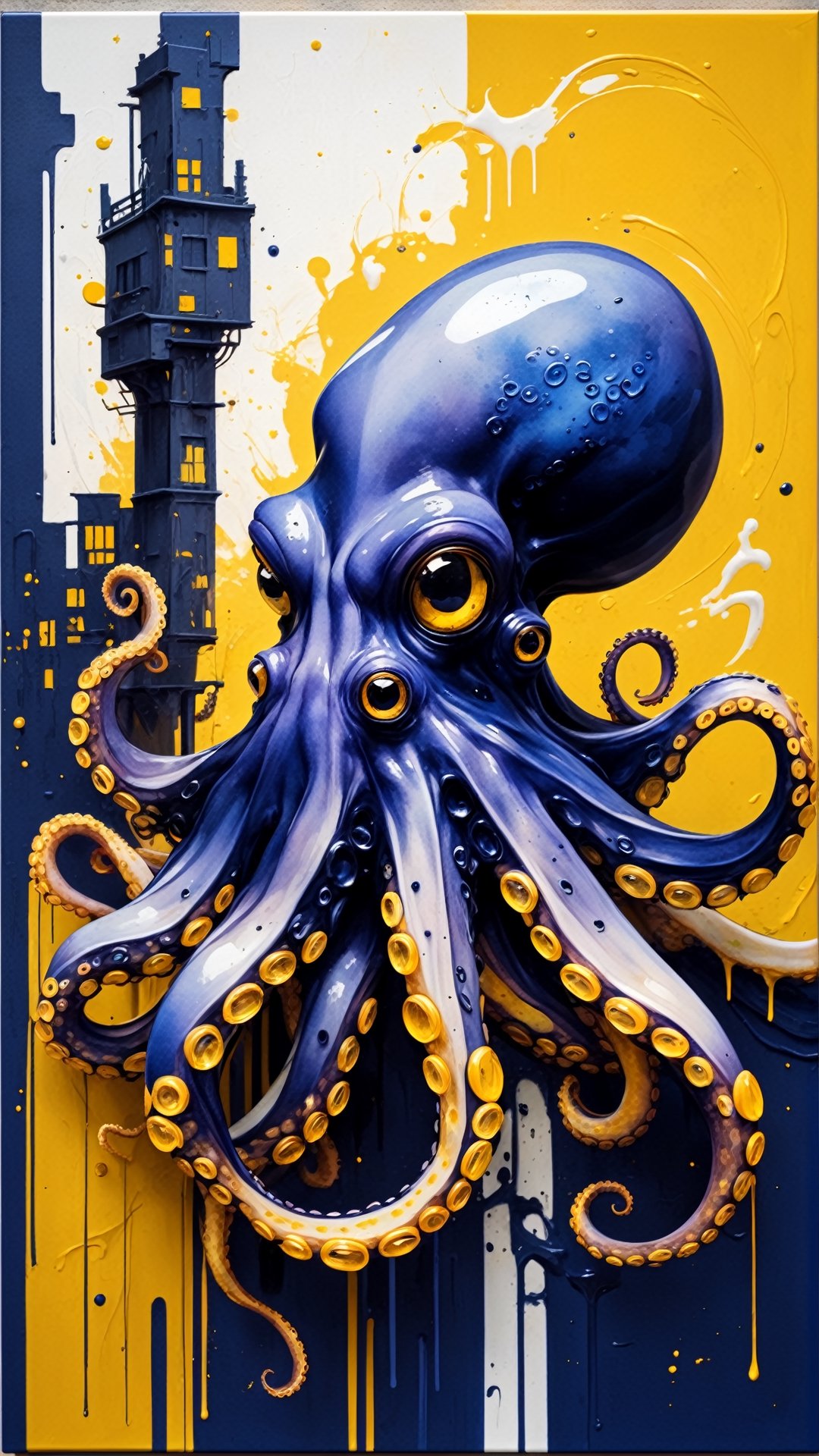 (abstract art by Vergvoktre:1.2) , vibrant art, (Octopus:1.2) with deep yellow details, city, Proud, elegant, Post-Apocalyptic, Alabaster and deep indigo flakes
