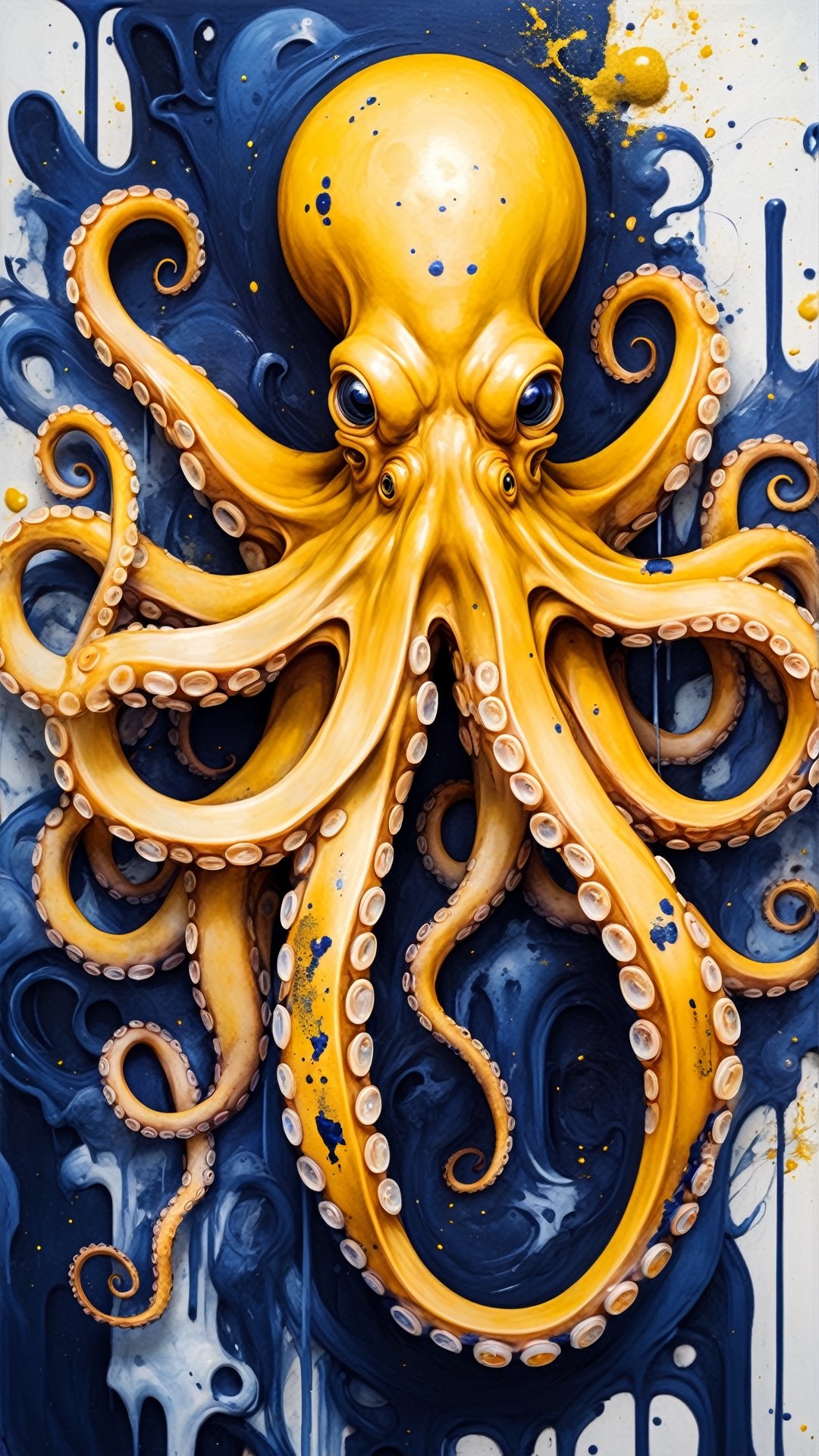 (abstract art by Vergvoktre:1.2) , vibrant art, (Octopus:1.2) with deep yellow details, city, Proud, elegant, Post-Apocalyptic, Alabaster and deep indigo flakes
