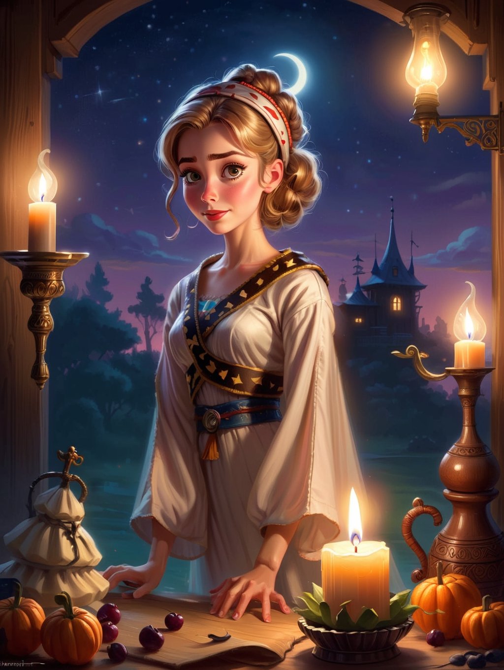 designed by Dan Mumford and Artgerm, concept art, fairy tale, Kindhearted Bewitching (Woody from Toy Story:1.2) , Woody is wearing a Thawb that was forged by Tesla, It is Shabby, Headband, Earbuds, Srebrna Góra in background, award winning, at Sunset, trending on CGSociety, Sci-Fi, Post-Impressionism, Candle light, wallpaper, 4K,  argazxl, traditional outfit,ArgazXL,traditional outfit