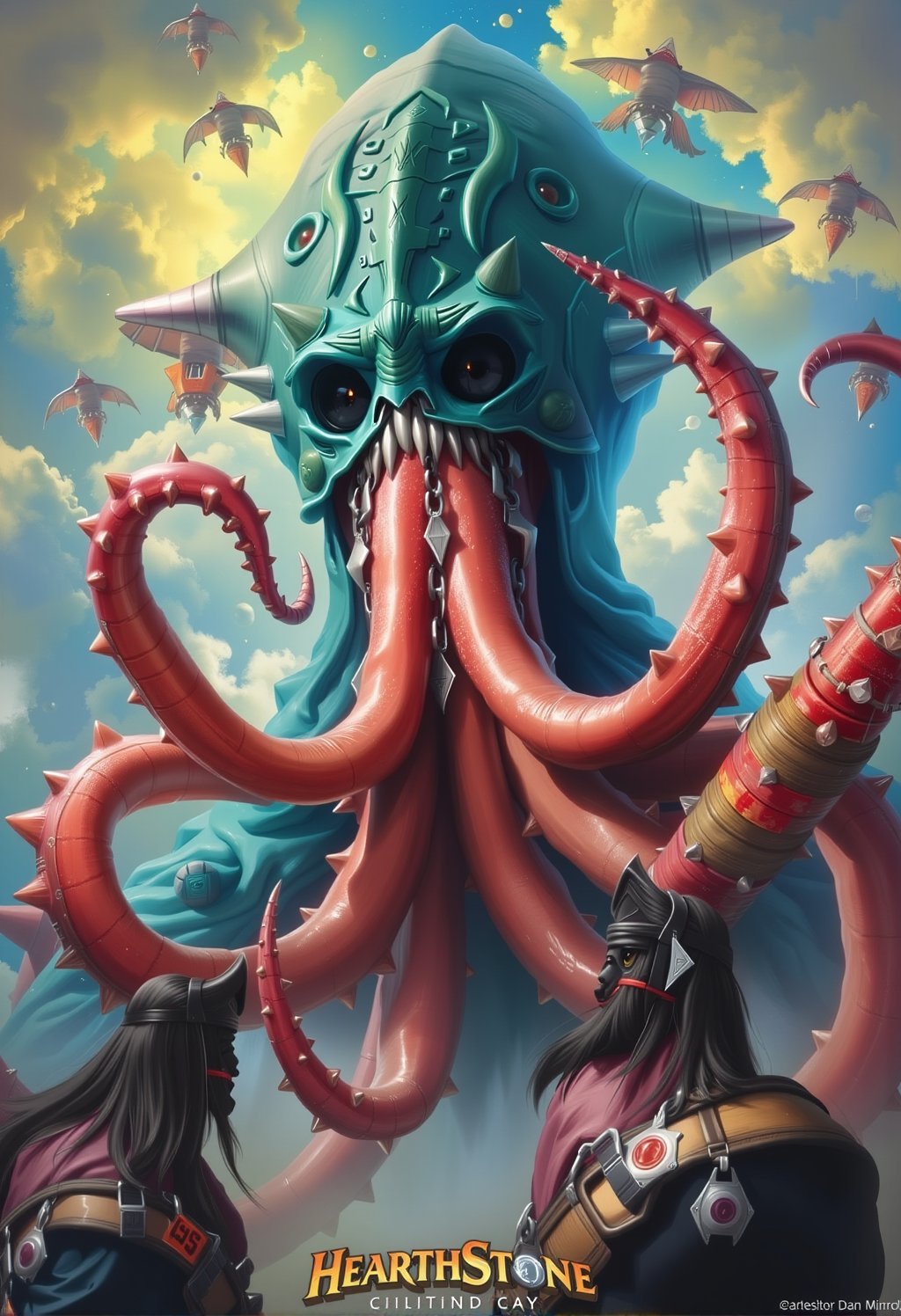 a painting of a giant monster with tentacles coming out of it's mouth,  concept art,  fantasy art,  peter mohrbacher and dan mumford,  hearthstone card game artwork. ”,  giant squids battling in the sky,  portrait of a mind flayer