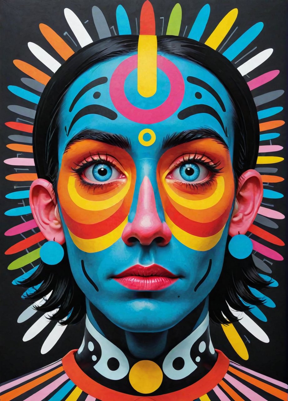 shaman,high contrast, pop art poster,kitsch, Jon Burgerman,symmetrical representation,stephen ormandy,black hair,abstract background,Gemma Correll,bold lines,hyper detailed,intricate, poster,artstation ,   adrr shaman 