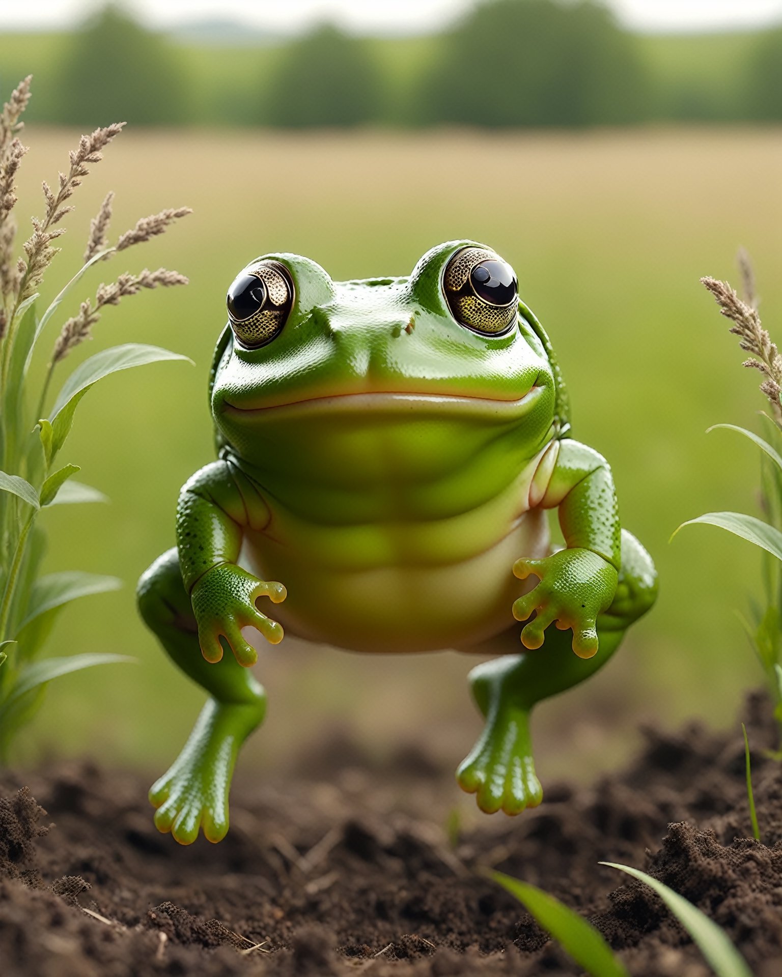 POV shot of a hefty frog, jumping in a field, Hyperpop, glimmering transformation, 4K,zhibi