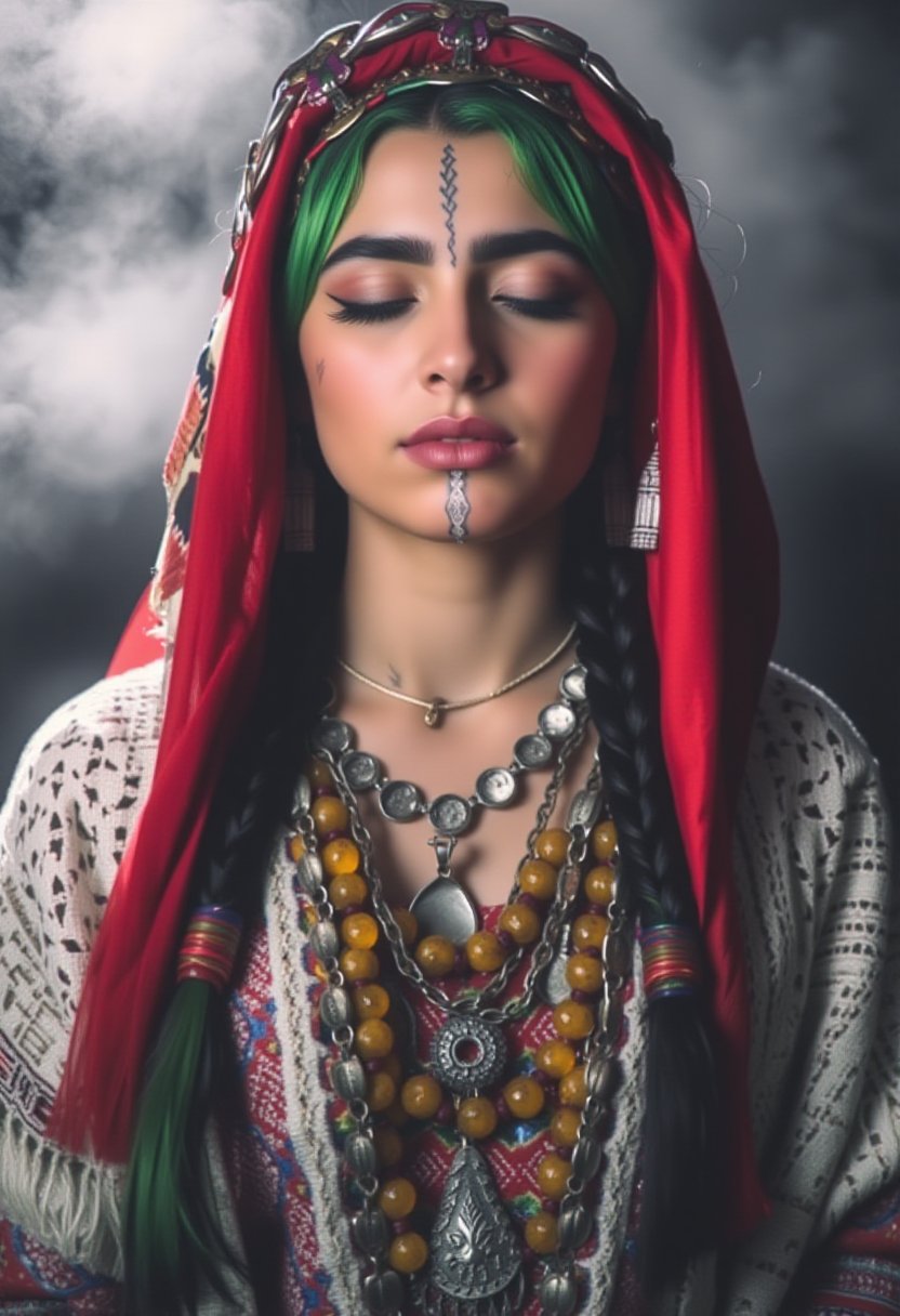 A young woman stands with her eyes closed, deeply immersed in a serene expression. She wears a traditional Moroccan Amazigh (Berber) outfit. Her vibrant red headscarf is adorned with intricate silver coins and colorful beads, which cascade down on either side. The scarf drapes over her braided hair, with green highlights interwoven. Tribal tattoos mark her forehead and chin, along with tattoos on her hands, adding to her cultural identity. She dons an embroidered white lace shawl over her shoulders, with layers of jewelry, including a large amber-colored necklace and a silver pendant. Her traditional Amazigh clothing is richly detailed, with colorful patterns, mostly in red, white, and gold. The lighting emphasizes her features, casting soft shadows around her, against a dark, moody background filled with light smoke or mist. Usham 