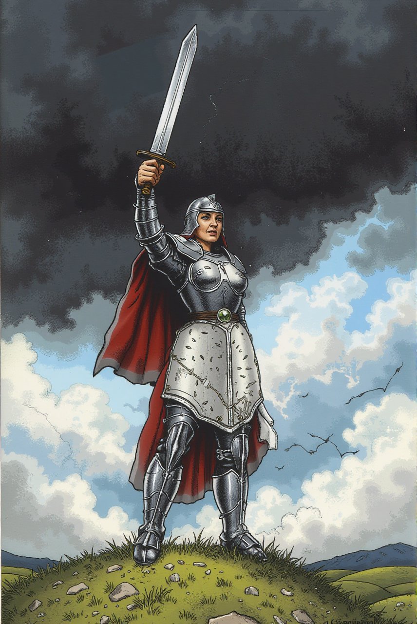 illustrtion, Joan of Arc stands triumphantly on a hilltop, raising her sword toward the sky as dark storm clouds gather overhead. Her armor is dented and scratched, with exaggerated details highlighting the wear of battle, while her determined expression shows her unwavering resolve