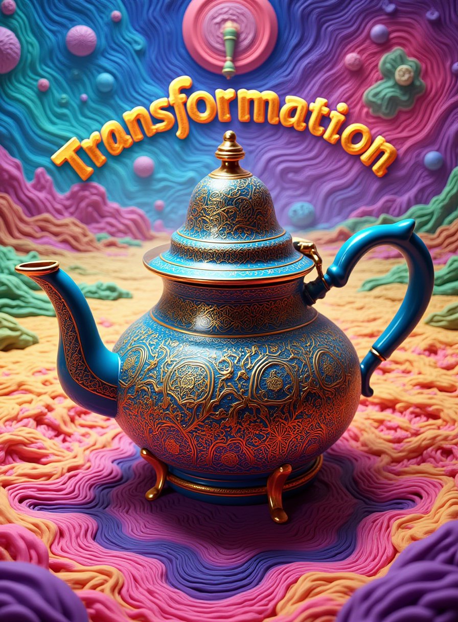 Moroccan Teapot in a Psychedelic Alien Dreamscape: "A Moroccan teapot, but it seems to be made of a material that is constantly shifting in color and form, sits in the center of a dreamlike landscape where the ground is a swirling mass of vibrant colors and the sky is a shifting pattern of geometric shapes. The teapot’s surface is covered in fractal patterns that seem to extend outwards, connecting with the surrounding environment. The entire scene is fluid and dynamic, with everything in a state of constant transformation."

Accompanying 3D Text: The word "Transformation" is formed by the fractal patterns that extend from the teapot, with the letters seamlessly integrated into the ever-changing landscape, reflecting the fluid and dynamic nature of the psychedelic dreamscape.,Adrr-T