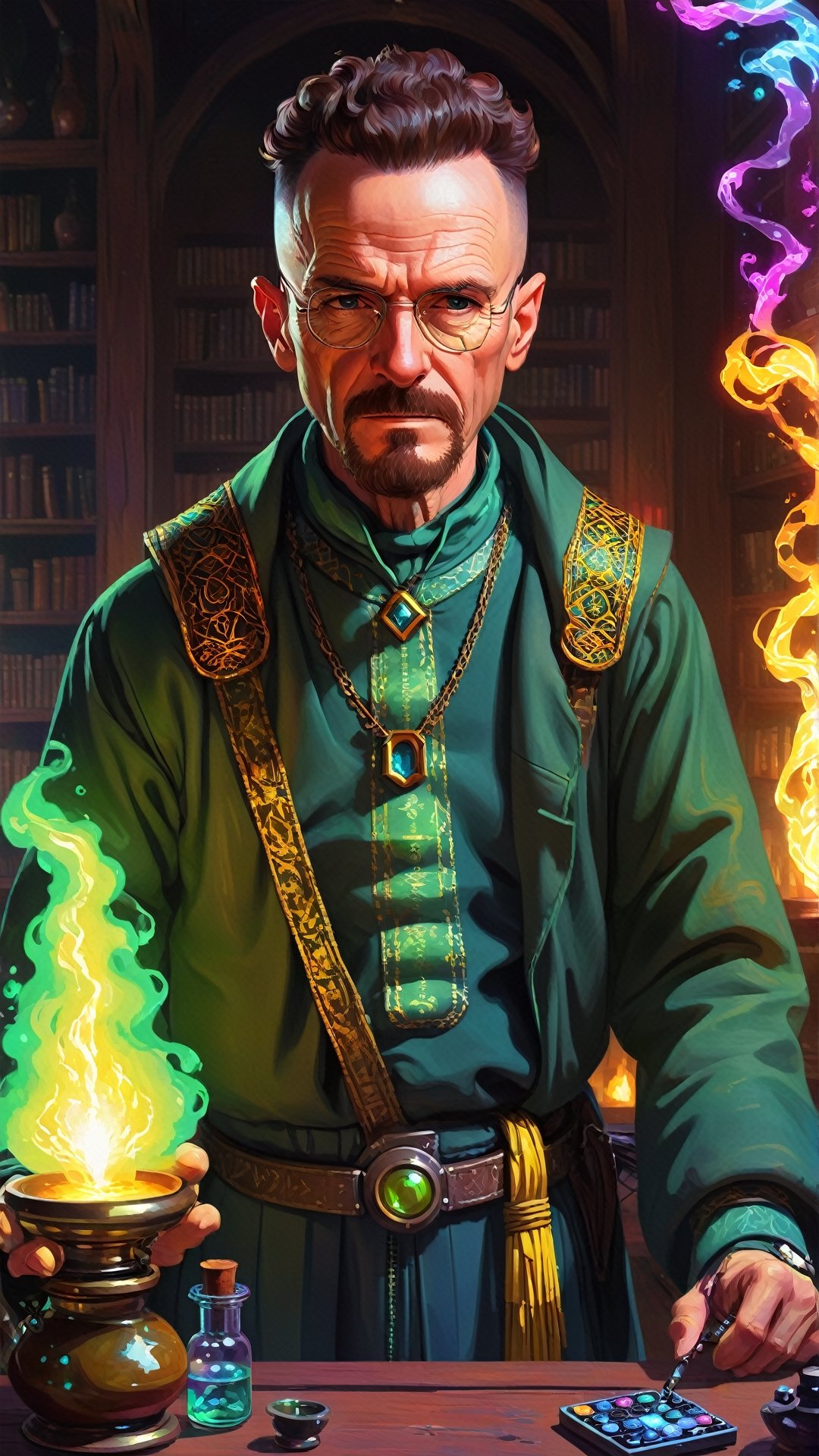 painting, trending on Artstation, walter white wearing Berber alchemist outfit, detailed magical laboratory background, vaporwave magic environment in, colorful Electric sparks, antoine collignon, fantasy art behance, portrait of merlin, hq , Pixel Style XL,,ArgazXL