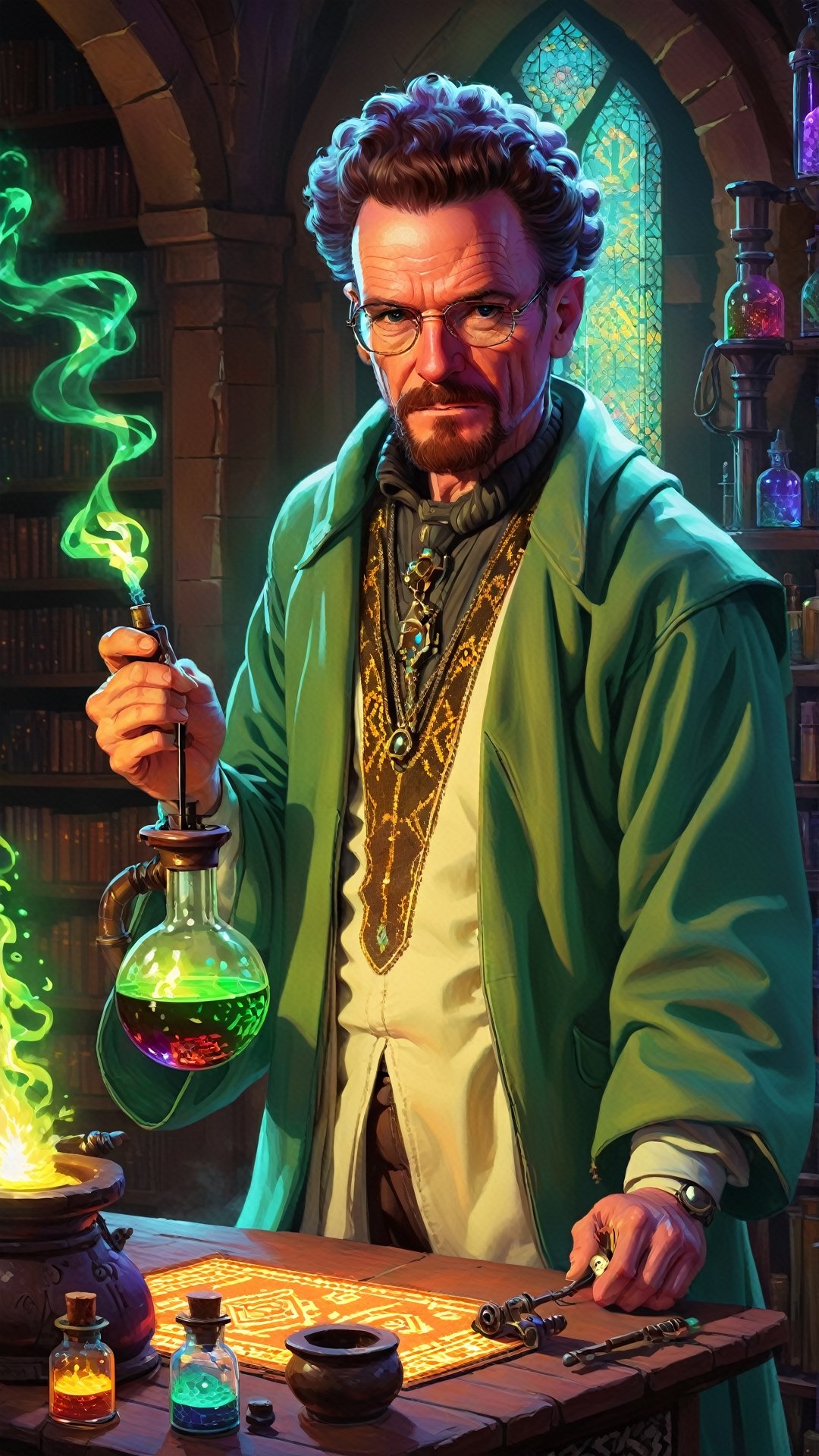 painting, trending on Artstation, walter white wearing Berber alchemist outfit, detailed magical laboratory background, vaporwave magic environment in, colorful Electric sparks, antoine collignon, fantasy art behance, portrait of merlin, hq , Pixel Style XL,,ArgazXL