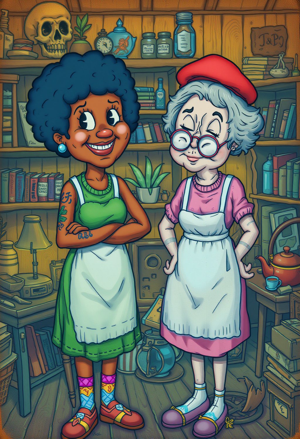 vintage rubberhose style illustration, two elderly women in a cluttered, cozy room. The woman on the left has dark skin, short curly hair, and wears a green dress with a white apron. She has a tattoo on her left arm and is smiling warmly. The woman on the right has light skin, short gray hair, and wears a red cap and a pink dress with a white apron. She also has a tattoo on her left arm and is smiling. Both women have large, round glasses and wear colorful, patterned socks.

The background features a shelf filled with various items, including a skull, a glass jar with a plant, and several bottles with labels. There is also a small table with a teapot and a teacup, and a bookshelf with more books and a small lamp. The room has a warm, yellowish light, enhancing the cozy atmosphere. The textures of the clothing and objects are detailed, with shading and lines adding depth and character to the scene. The overall style is whimsical and slightly surreal, with a blend of realism and fantasy elements.