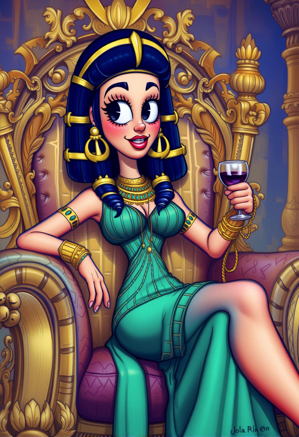 vintage rubberhose style illustration, 3d animation scene of Cleopatra lounges on an oversized, ornate golden throne, holding a goblet of wine in one hand. Her features are exaggerated, with large, almond-shaped eyes outlined in thick kohl, and her expression is one of sly amusement