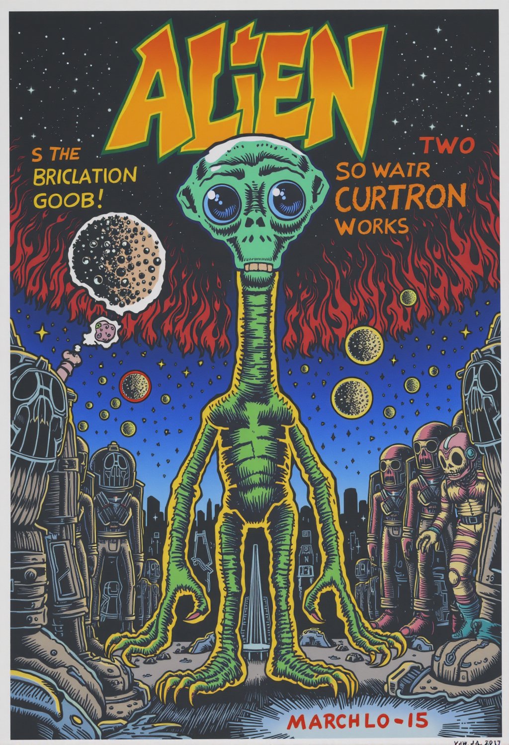 poster in 1990s Grunge style Cinematic photograph capturing an intergalactic saga with a big-eyed alien, whose radiant hues transition in an ombre gradient from neon blue, neon pink, neon yellow, neon green, to neon orange, in the manner of textured illustrations. Set against a backdrop of digital darkened gray and bronze bodies, the alien stands out like a neon beacon under a retro ink-stained sky of deep blue and fiery orange, realistic, higly detailed, cinematic, ,rubberhose style illustration,cartoonish __ character