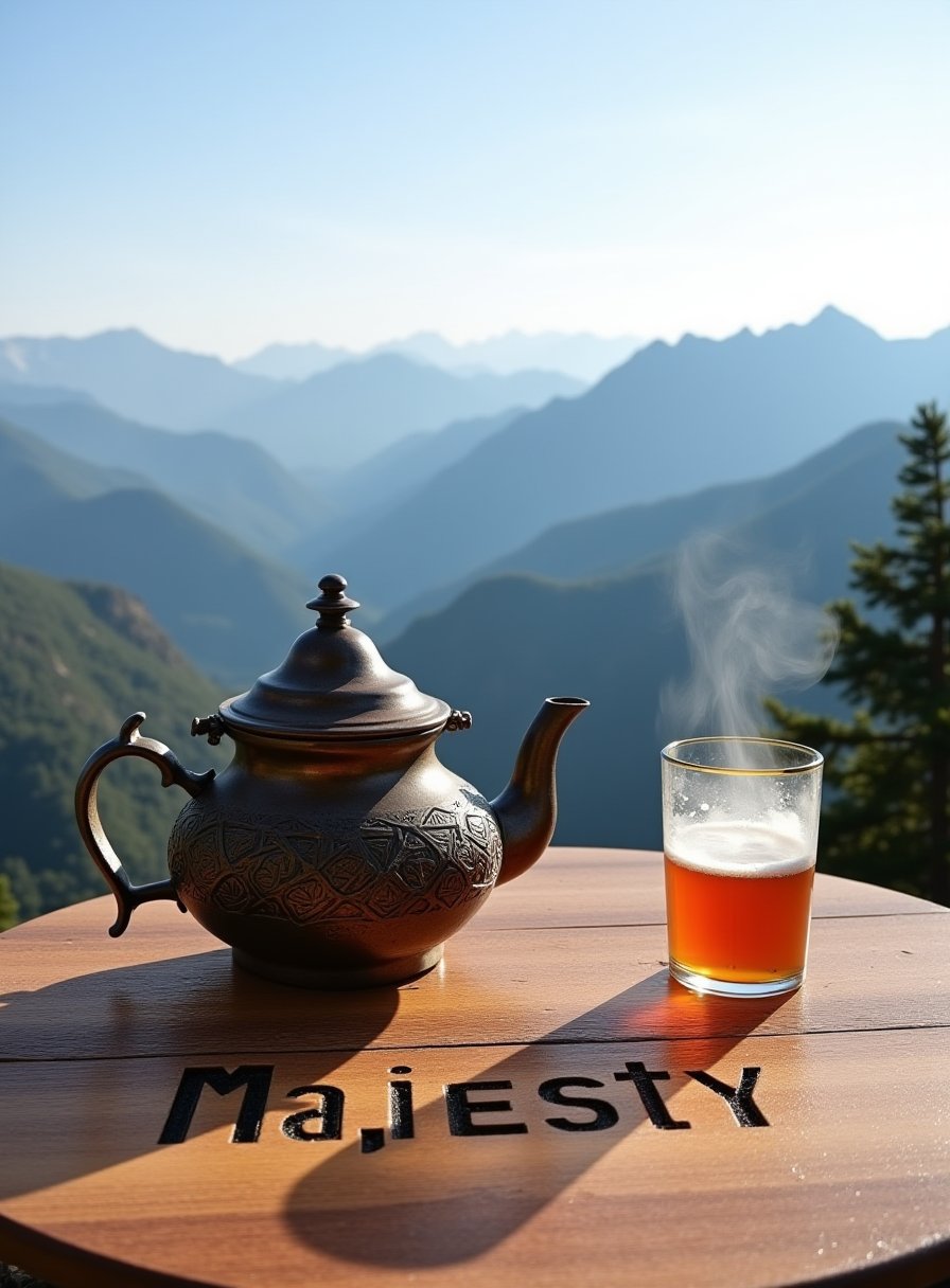 A rustic Moroccan teapot, slightly tarnished but full of character, sits on a wooden table atop a mountain overlook. The tea glass beside it is filled with foaming steaming tea, and a fresh breeze carries the scent of pine. The panoramic view of the mountains stretches out below, with layers of mist rolling over the peaks. The scene captures a moment of solitude and appreciation of nature’s beauty."

Accompanying Text: The word "Majesty" is carved into the wooden table, with the letters blending naturally into the grain, adding a subtle yet powerful statement to the grandeur of the mountain landscape.