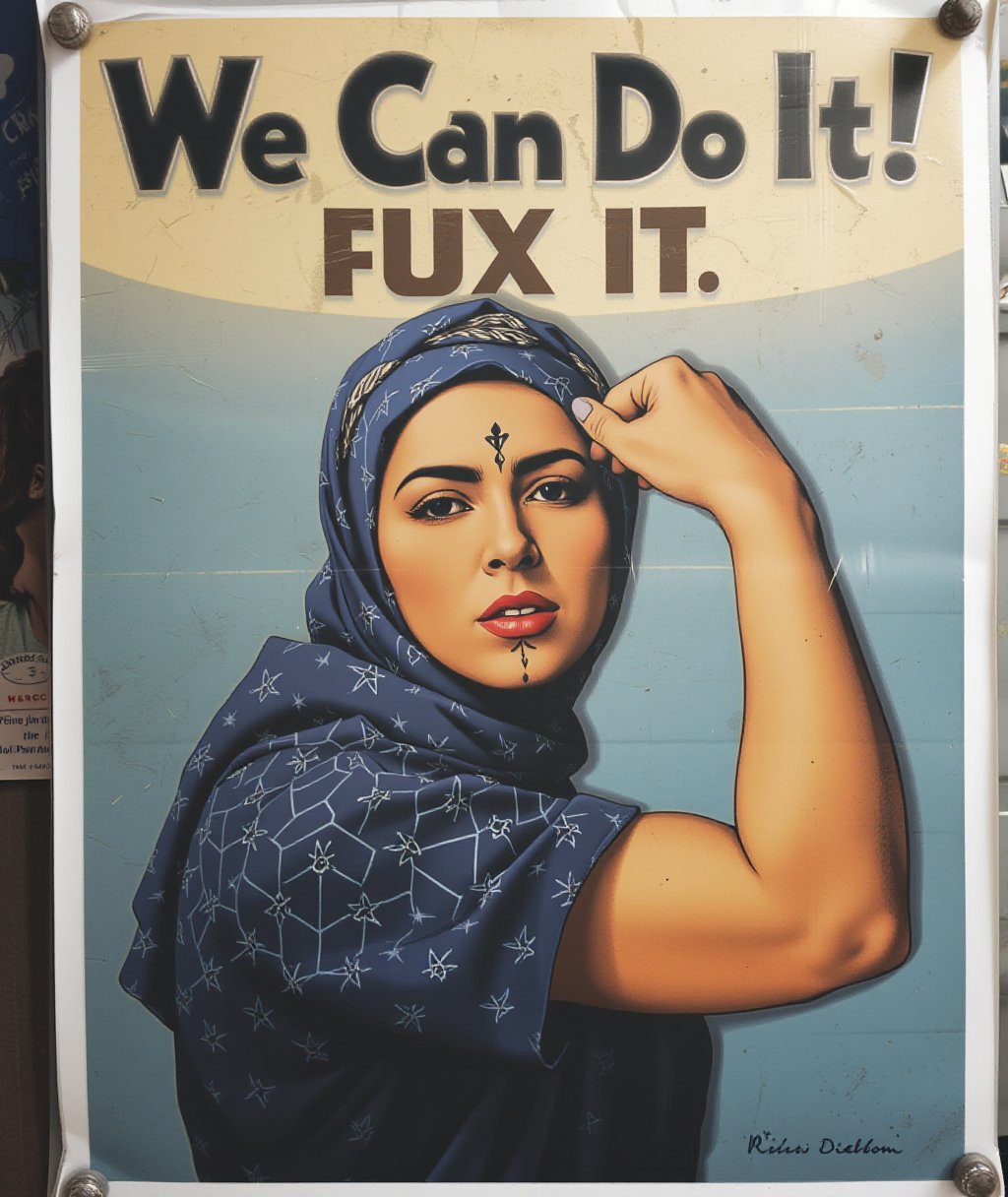 Moroccan version of  "We Can Do It!" poster but instead it reads " We Can Flux It". The woman in the image is depicted flexing her arm to show strength. She wears a headscarf and has facial Tribal tattoos on forehead and chin, traditional symbols. The woman is dressed in a patterned, dark blue garment, and her lips are red. The overall feel combines elements of cultural pride with feminist imagery, creating a fusion of traditional identity and modern empowerment..,Usham,,,R.Crumb Style