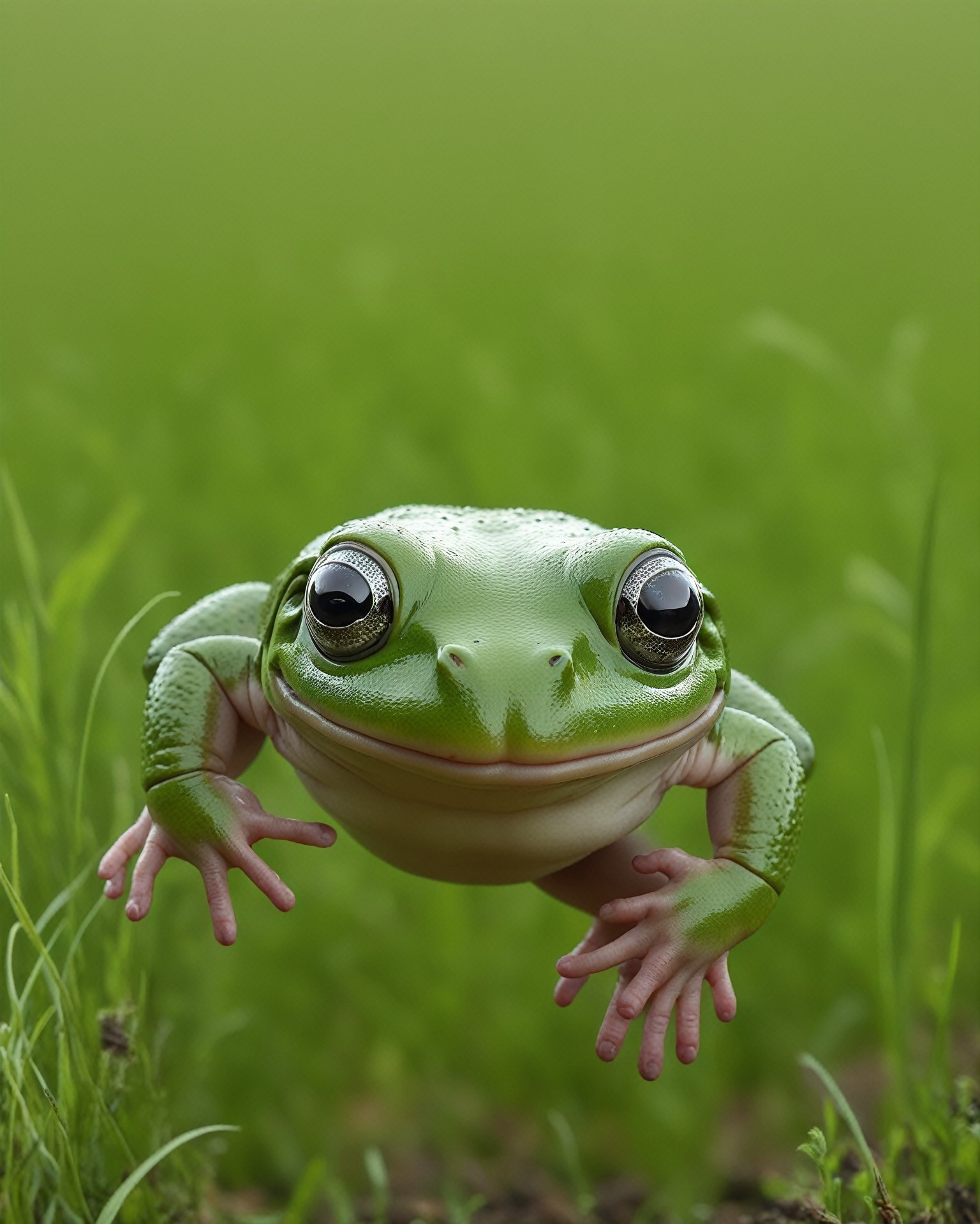 POV shot of a hefty frog, jumping in a field, Hyperpop, glimmering transformation, 4K,zhibi