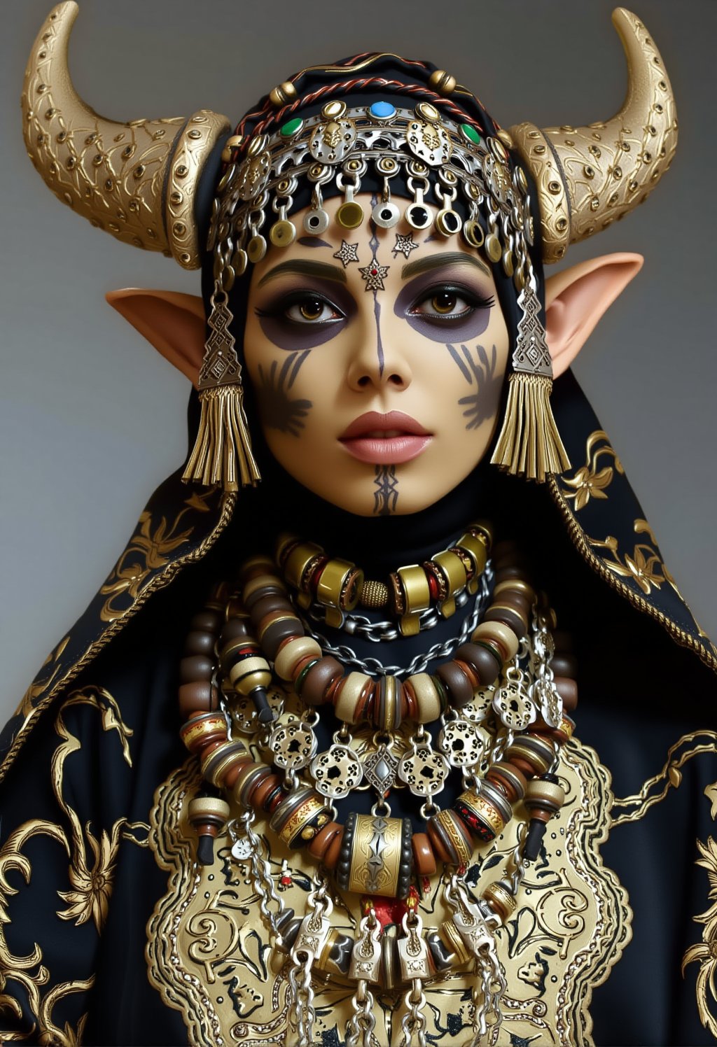 mythp0rt, hyperrealism, elven girl, a stunning photo of a gorgeous necromancer female Aerenal Elf, gold and black robes, face warpaint, skull face paint, gorgeous, 8k HD, detailed skin texture, ultra realistic, textured skin,. (maximum ultra high definition image quality and rendering:3), maximum image detail, maximum realistic render, (((ultra realist style))), realist side lighting, , 8K high definition, realist soft lighting, (amazing special effect:3.5) 