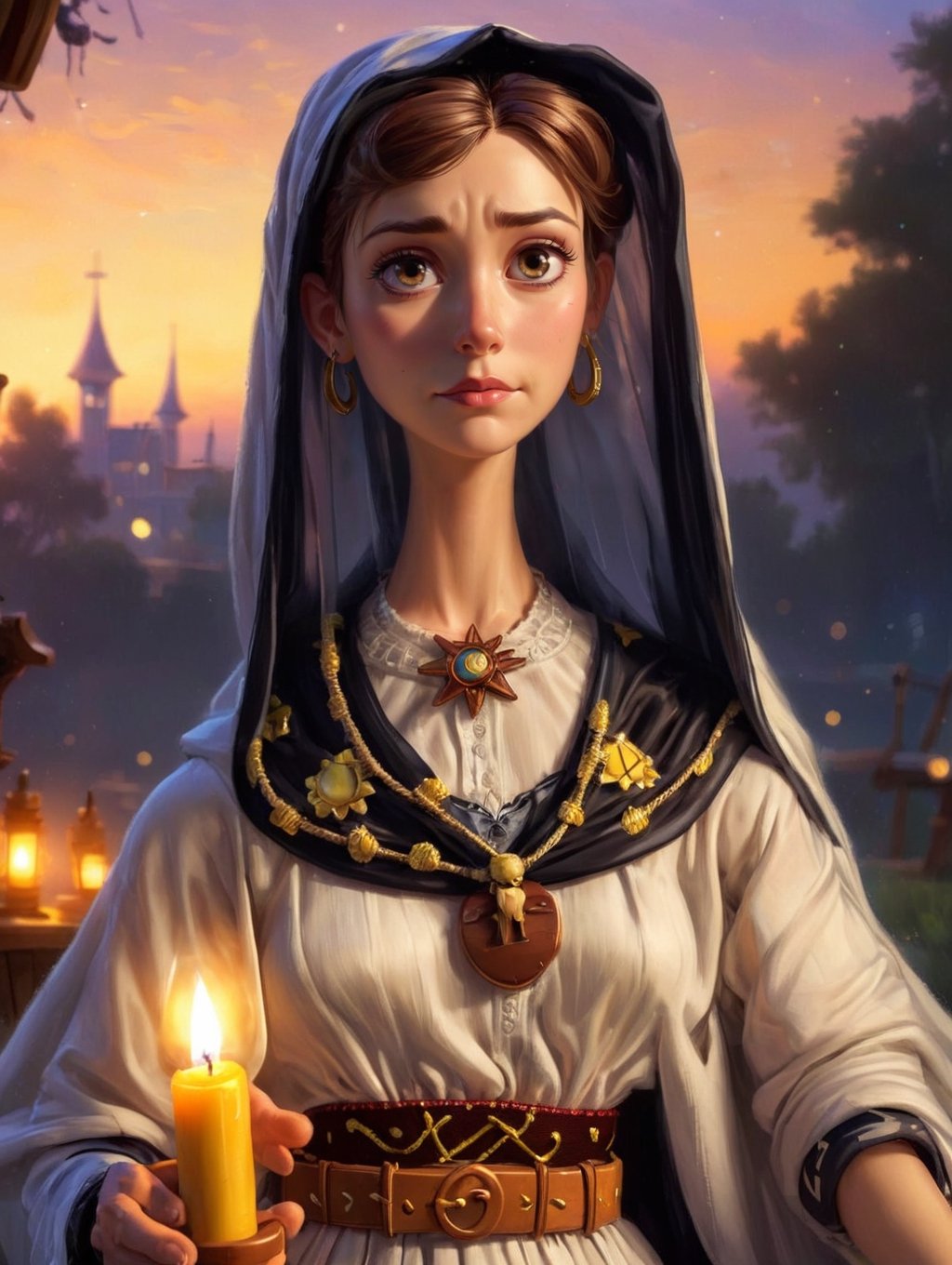 designed by Dan Mumford and Artgerm, concept art, fairy tale, Kindhearted Bewitching (Woody from Toy Story:1.2) , Woody is wearing a Thawb that was forged by Tesla, It is Shabby, Headband, Earbuds, Srebrna Góra in background, award winning, at Sunset, trending on CGSociety, Sci-Fi, Post-Impressionism, Candle light, wallpaper, 4K,  argazxl, traditional outfit,ArgazXL,traditional outfit