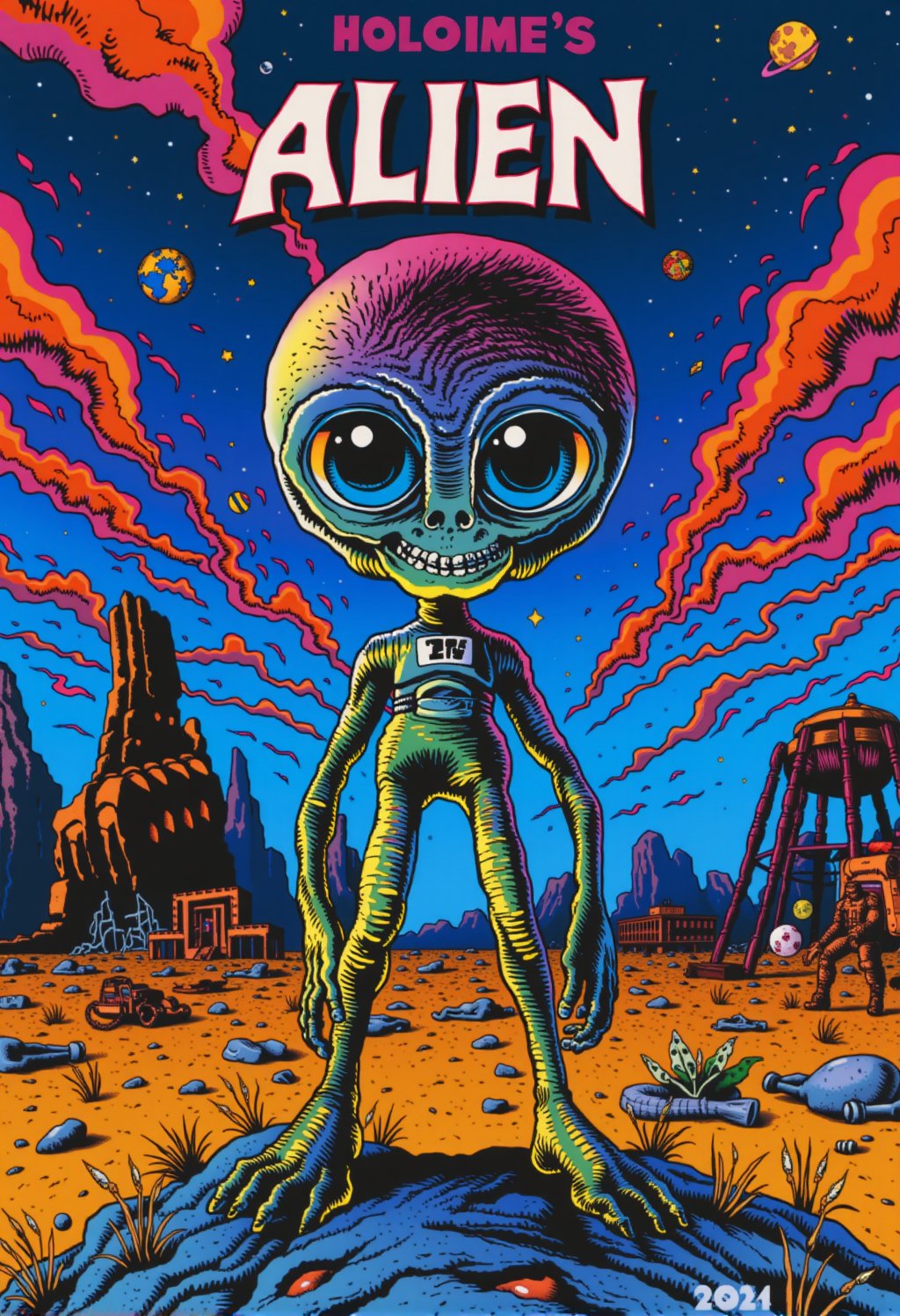 poster in 1990s Grunge style Cinematic photograph capturing an intergalactic saga with a big-eyed alien, whose radiant hues transition in an ombre gradient from neon blue, neon pink, neon yellow, neon green, to neon orange, in the manner of textured illustrations. Set against a backdrop of digital darkened gray and bronze bodies, the alien stands out like a neon beacon under a retro ink-stained sky of deep blue and fiery orange, realistic, higly detailed, cinematic, ,rubberhose style illustration,cartoonish __ character