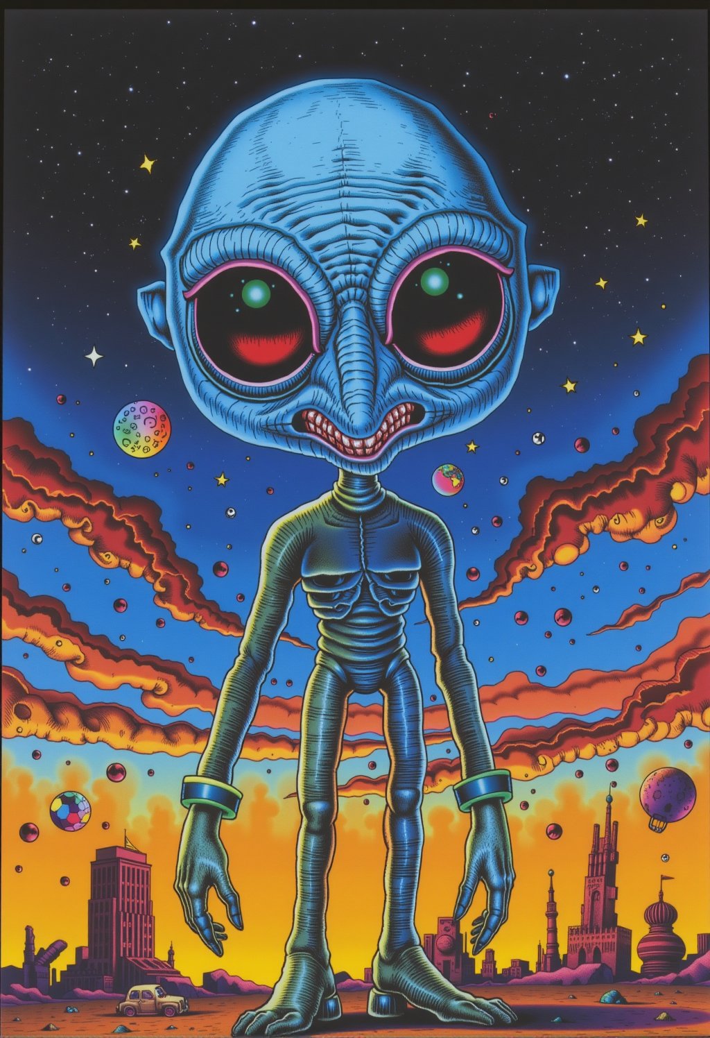 poster in 1990s Grunge style Cinematic photograph capturing an intergalactic saga with a big-eyed alien, whose radiant hues transition in an ombre gradient from neon blue, neon pink, neon yellow, neon green, to neon orange, in the manner of textured illustrations. Set against a backdrop of digital darkened gray and bronze bodies, the alien stands out like a neon beacon under a retro ink-stained sky of deep blue and fiery orange, realistic, higly detailed, cinematic, ,rubberhose style illustration,cartoonish __ character