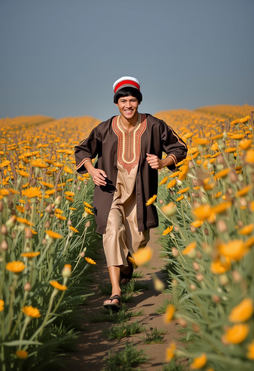 A young man in a djellaba, running through narrow path in a field of flowers, with a bright smile,drr-jlb,pavsok Style