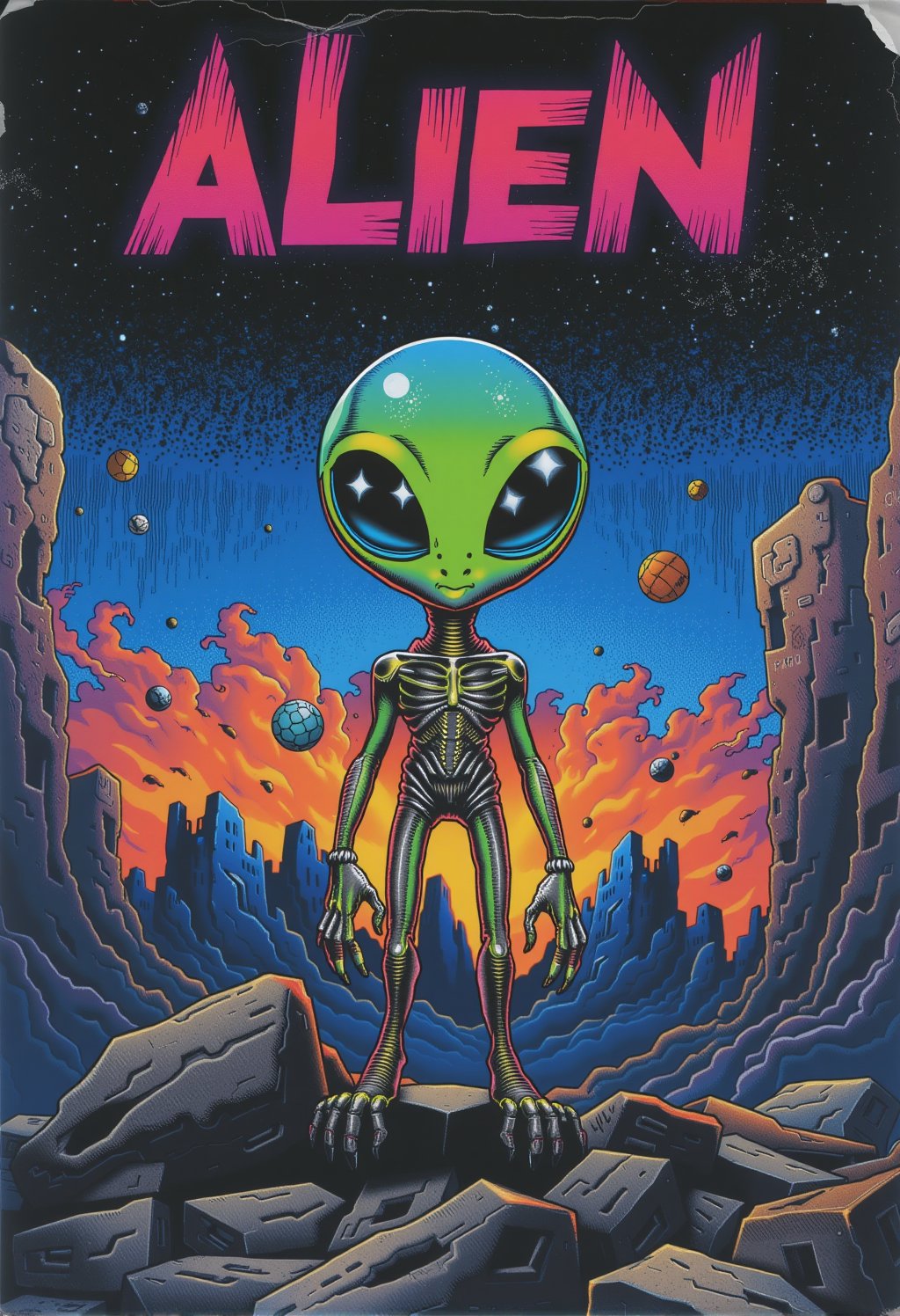 poster in 1990s Grunge style Cinematic photograph capturing an intergalactic saga with a big-eyed alien, whose radiant hues transition in an ombre gradient from neon blue, neon pink, neon yellow, neon green, to neon orange, in the manner of textured illustrations. Set against a backdrop of digital darkened gray and bronze bodies, the alien stands out like a neon beacon under a retro ink-stained sky of deep blue and fiery orange, realistic, higly detailed, cinematic, ,rubberhose style illustration,cartoonish __ character