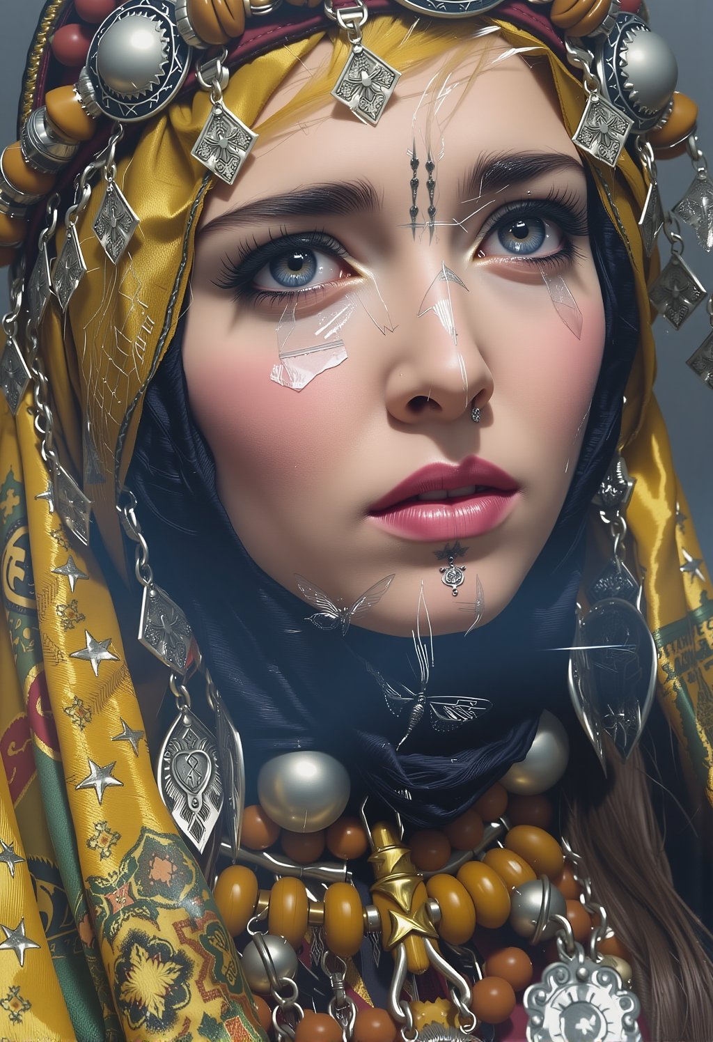 8k portrait of Figurative monalisa with Gold hair, intricate, Basque, highly detailed, Foul, digital photography, art by artgerm and ruan jia and greg rutkowski surreal painting gold butterfly filigree, broken glass, (masterpiece, sidelighting, finely detailed Worried eyes: 1.2) , hdr