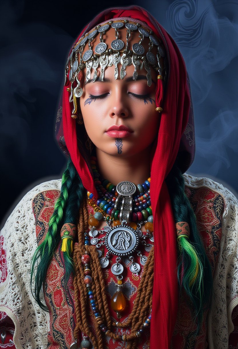 A young woman stands with her eyes closed, deeply immersed in a serene expression. She wears a traditional Moroccan Amazigh (Berber) outfit. Her vibrant red headscarf is adorned with intricate silver coins and colorful beads, which cascade down on either side. The scarf drapes over her braided hair, with green highlights interwoven. Tribal tattoos mark her forehead and chin, along with tattoos on her hands, adding to her cultural identity. She dons an embroidered white lace shawl over her shoulders, with layers of jewelry, including a large amber-colored necklace and a silver pendant. Her traditional Amazigh clothing is richly detailed, with colorful patterns, mostly in red, white, and gold. The lighting emphasizes her features, casting soft shadows around her, against a dark, moody background filled with light smoke or mist. Usham 