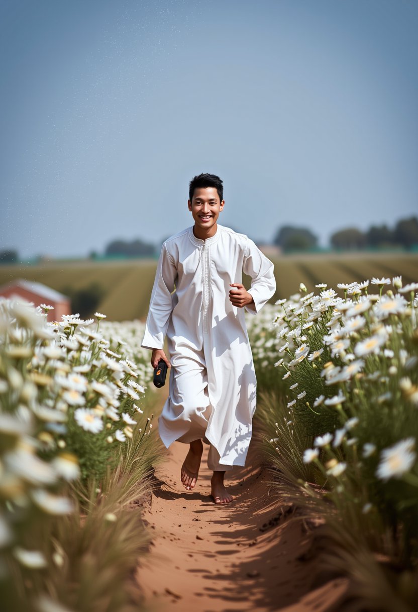 A young man in a djellaba, running through narrow path in a field of flowers, with a bright smile,drr-jlb,pavsok Style