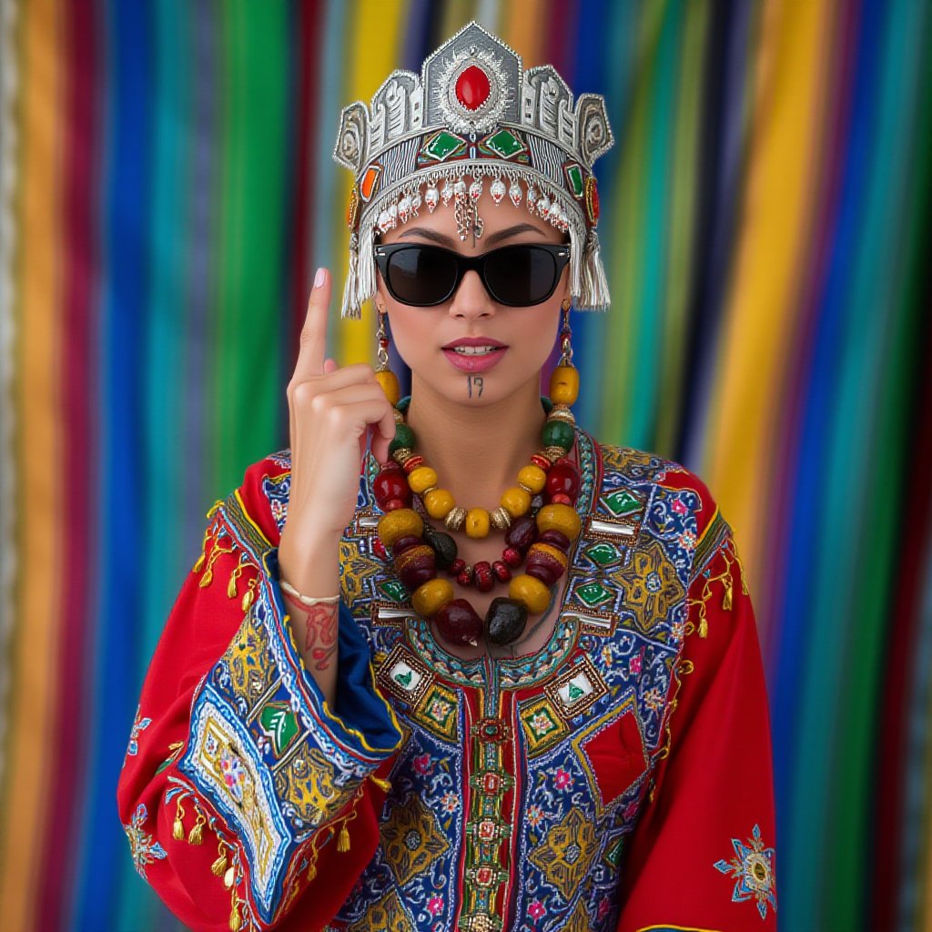 A young woman stands confidently, dressed in a modern take on traditional Amazigh (Berber) clothing, blending cultural elements with a bold, rebellious attitude. She wears a richly embroidered red robe decorated with colorful tassels, beads, and woven patterns in vibrant blue, green, yellow, and white. Her head is adorned with a striking headdress featuring silver traditional Tasfift, and vibrant red and yellow gems. She accessorizes with chunky necklaces, including large amber pieces. Her facial tattoos reflect Amazigh symbolism. Adding a modern twist, she wears black sunglasses and confidently give a middle finger to the viewer. The backdrop is a multicolored, blurred striped pattern, further enhancing the mix of tradition and modernity. The lighting is even, bright, and focused on her figure.,Usham,Tribal tattoos on forehead and chin,adrr-tsfft,pavsok Style