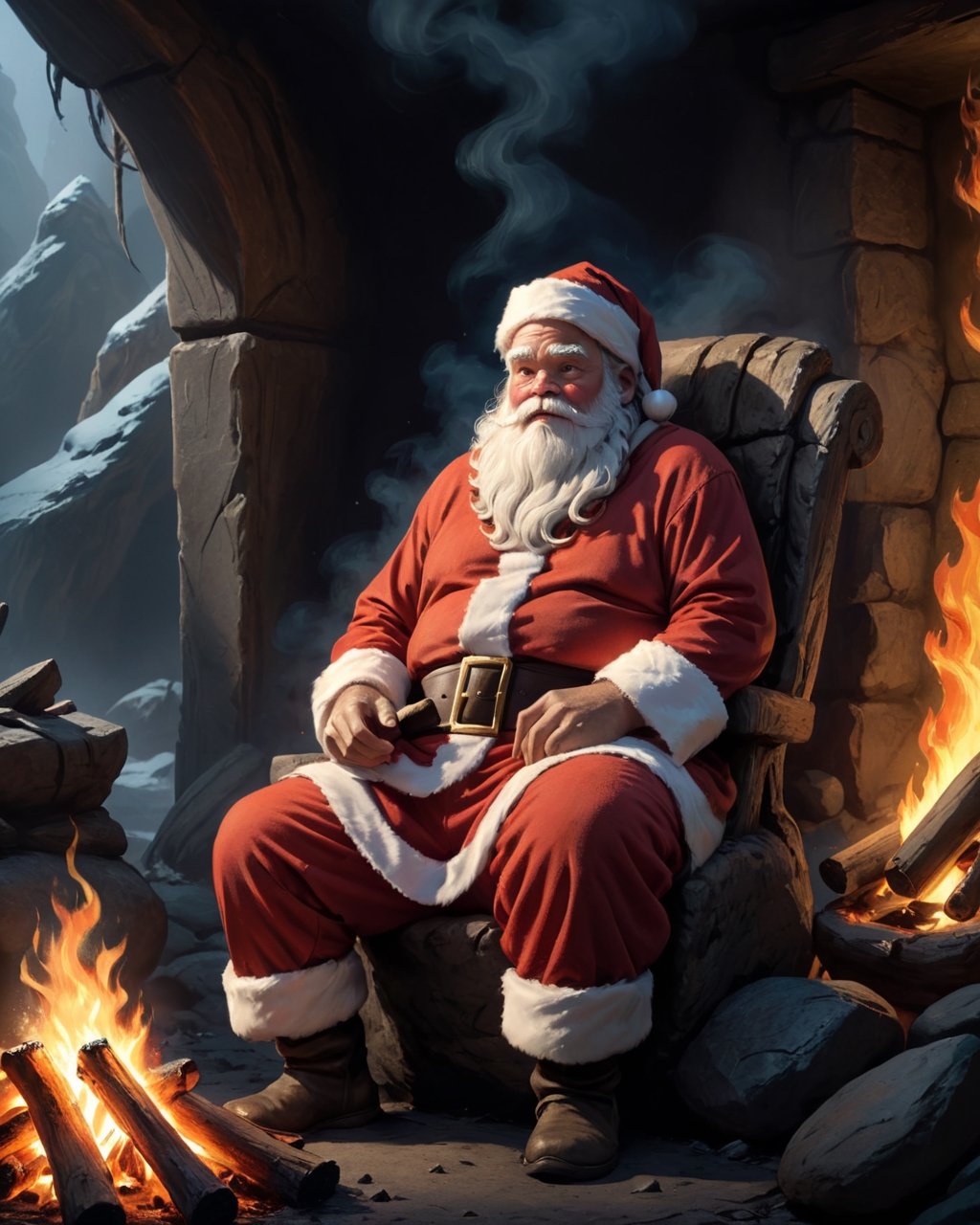  Prehistoric, concept art, medium shot of a Santa, Sitting, natural fire Light,