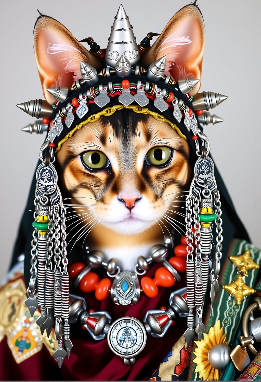 Smart Kindhearted stocky Hellenistic cleopatra - as  Burmese Cat hybrid , she is dressed in her traditional headdress atbmrn, The traditional headdress atbmrn is and is beautiful made of silver , she has Half-up half-down hairstyle