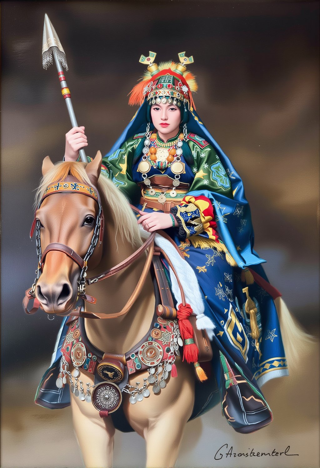 renaissance-style oil painting, masterpiece, female warrior in samurai clothing riding a horse (armored head, pageantry, dynamic image, cinematic, mythp0rt