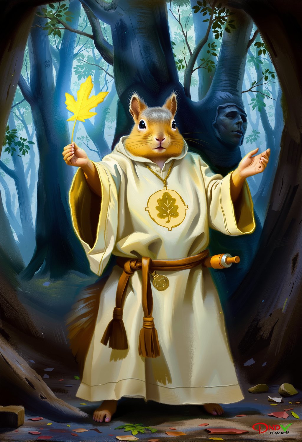 dnd darkest fantasy, a a squirrel cleric wearing white robes and a wearing a holy symbol in the shape of an oak leaf, he's channeling holy energy with a white light, in a forest