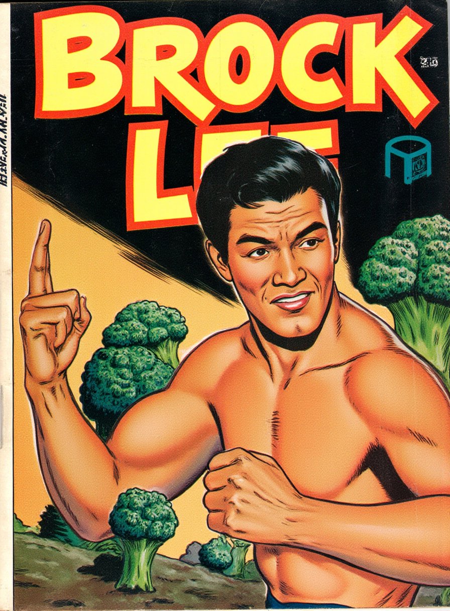 Vintage comic book with title text: "Brock Lee ", a martial art , rock lee look alike, with broccoli in the background,vintage comic book cover,1950s pulp art style