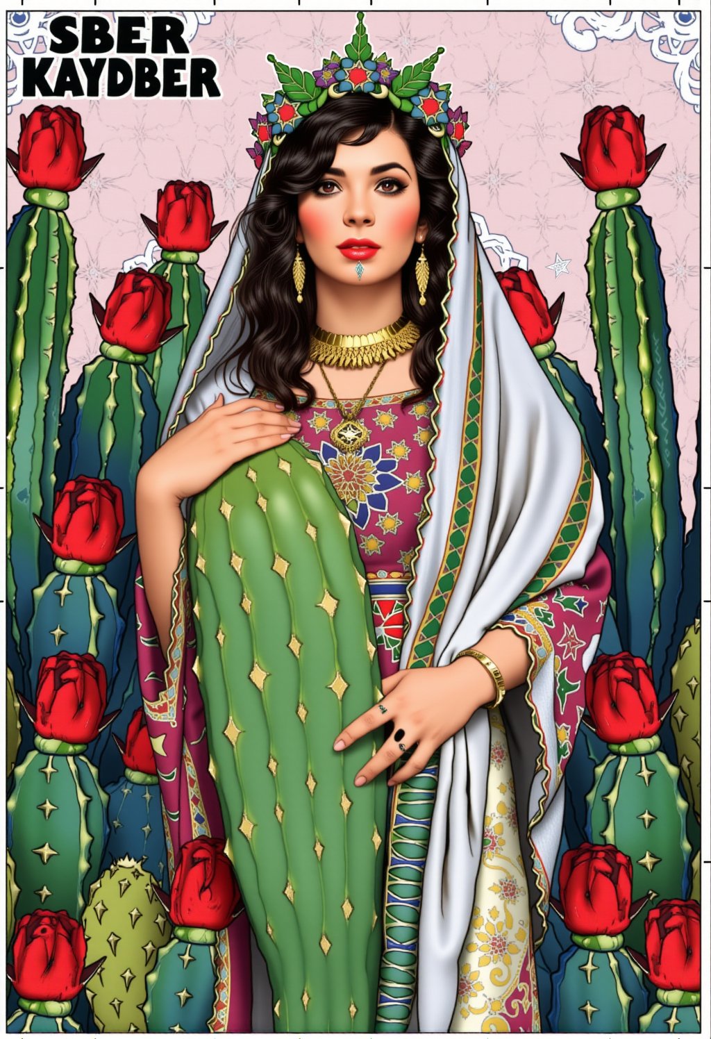 illustration art, Comic style ,Title "SBER KAYDBER" writen in black .depicting a young woman surrounded by large, green cacti with red flowers. The woman, of Middle Eastern or Mediterranean descent, has a light olive complexion, dark curly hair, and a serene expression. She is adorned with traditional jewelry, including a gold necklace, earrings, and a headpiece with green leaves and flowers. Her attire is a combination of red and white, with intricate embroidery and patterns, giving it a rich, cultural feel. She wears a long, white veil that drapes over her shoulders, partially covering her face.

The background features a soft, pastel pink backdrop with intricate, ornate patterns in white and gold, creating a sense of depth and texture. The cacti are meticulously detailed, with spiky, green pads and vibrant red flowers, adding a natural contrast to the cultural setting. The woman's left hand is gently holding a cactus pad, while her right hand rests on her hip, showcasing a delicate, gold bracelet.
.,Usham,adrr-tsfft,Made of adrr-zllj