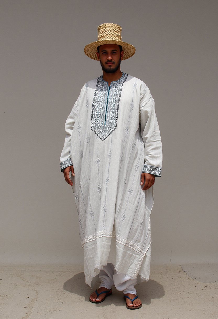 full body, (Simpson),  wearing a traditional Moroccan Djellaba and a straw hat, It looks Sleek on him,drr-jlb,wearing djellaba 