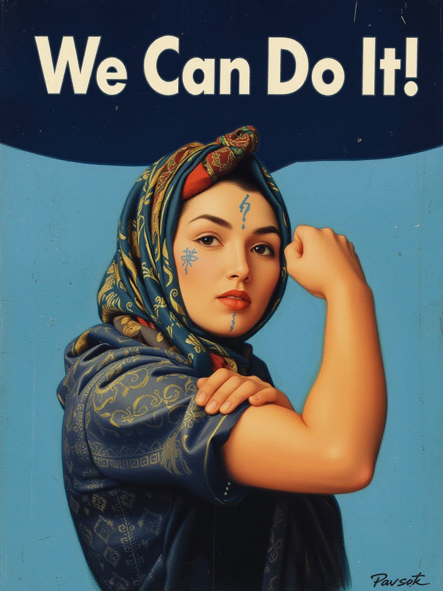 Moroccan version of  "We Can Do It!" poster. The woman in the image is depicted flexing her arm to show strength. She wears a headscarf and has facial usham, traditional symbols. The woman is dressed in a patterned, dark blue garment, and her lips are red. The overall feel combines elements of cultural pride with feminist imagery, creating a fusion of traditional identity and modern empowerment..,Usham,Tribal tattoos on forehead and chin,pavsok Style