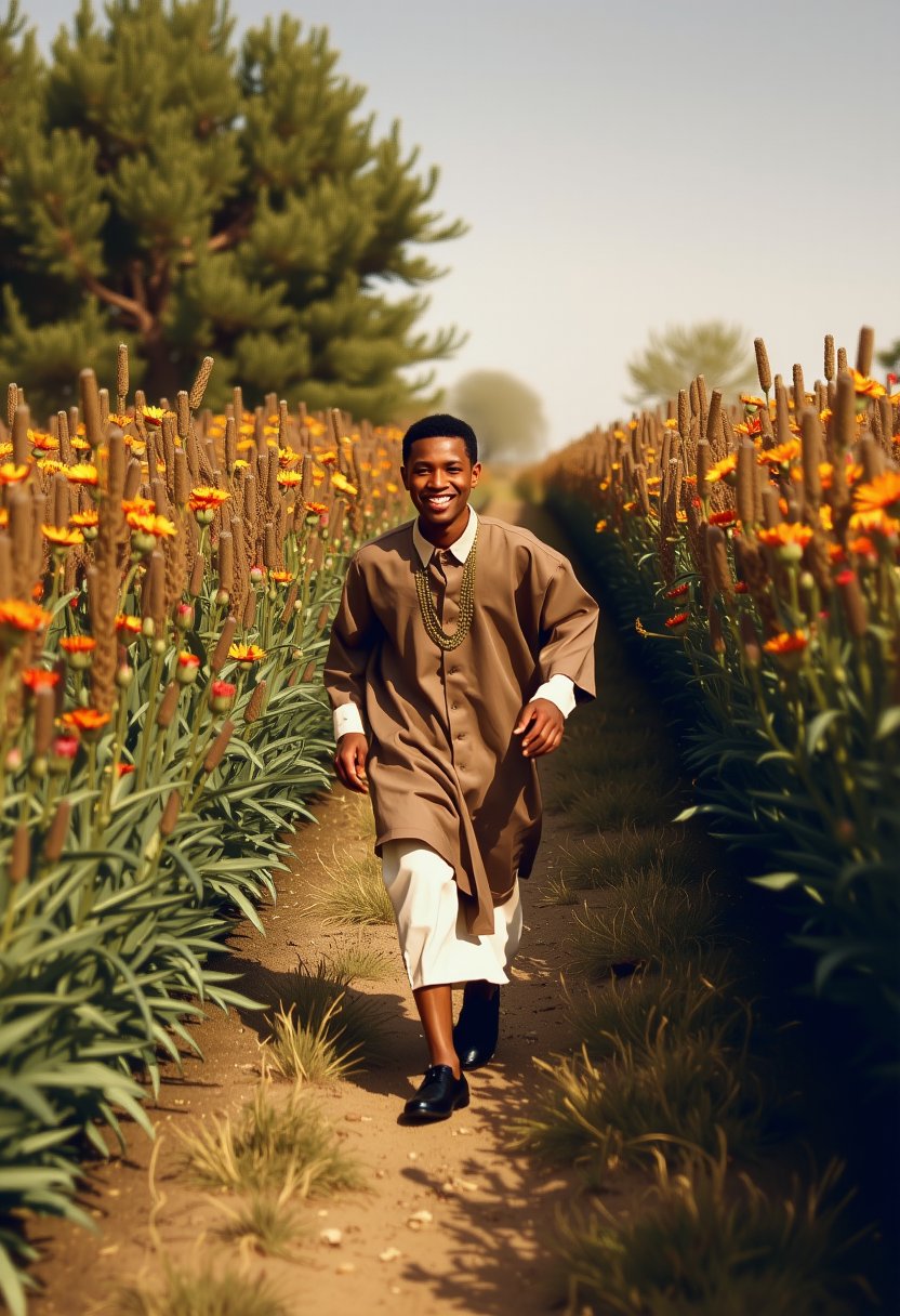 A young man in a djellaba, running through narrow path in a field of flowers, with a bright smile,drr-jlb,pavsok Style