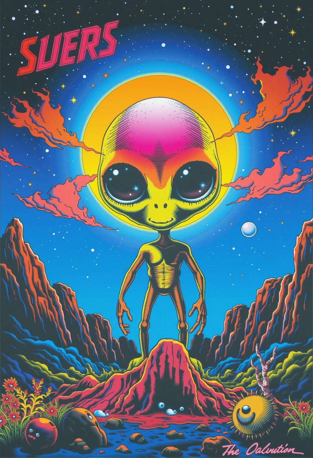 poster in 1990s Grunge style Cinematic photograph capturing an intergalactic saga with a big-eyed alien, whose radiant hues transition in an ombre gradient from neon blue, neon pink, neon yellow, neon green, to neon orange, in the manner of textured illustrations. Set against a backdrop of digital darkened gray and bronze bodies, the alien stands out like a neon beacon under a retro ink-stained sky of deep blue and fiery orange, realistic, higly detailed, cinematic, ,rubberhose style illustration,cartoonish __ character