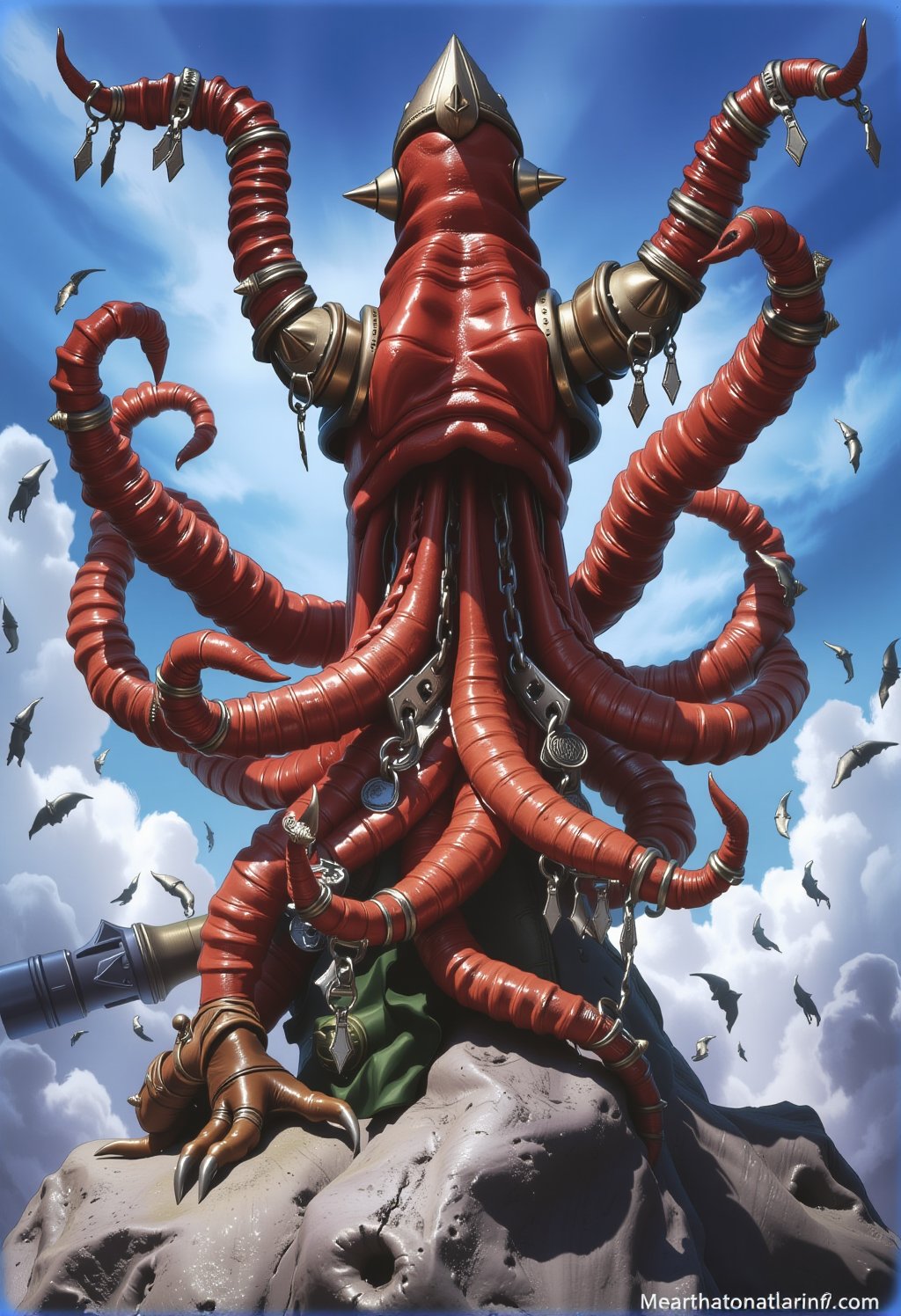 a painting of a giant monster with tentacles coming out of it's mouth,  concept art,  fantasy art,  peter mohrbacher and dan mumford,  hearthstone card game artwork. ”,  giant squids battling in the sky,  portrait of a mind flayer