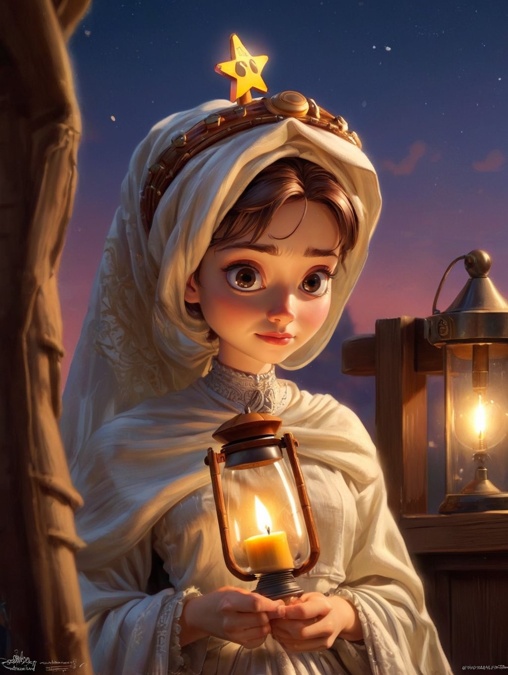 designed by Dan Mumford and Artgerm, concept art, fairy tale, Kindhearted Bewitching (Woody from Toy Story:1.2) , Woody is wearing a Thawb that was forged by Tesla, It is Shabby, Headband, Earbuds, Srebrna Góra in background, award winning, at Sunset, trending on CGSociety, Sci-Fi, Post-Impressionism, Candle light, wallpaper, 4K,  argazxl, traditional outfit,ArgazXL,traditional outfit