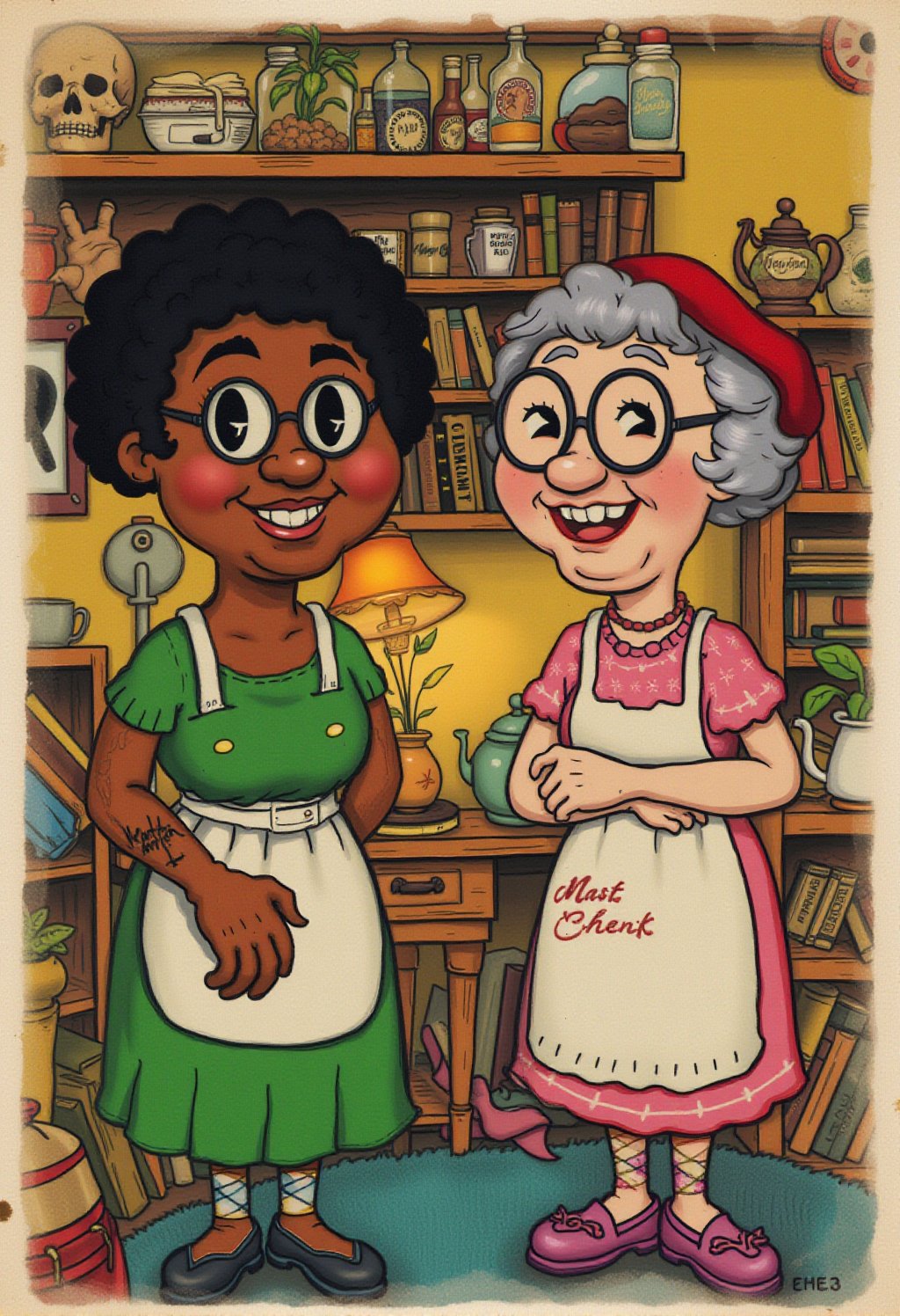 vintage rubberhose style illustration, two elderly women in a cluttered, cozy room. The woman on the left has dark skin, short curly hair, and wears a green dress with a white apron. She has a tattoo on her left arm and is smiling warmly. The woman on the right has light skin, short gray hair, and wears a red cap and a pink dress with a white apron. She also has a tattoo on her left arm and is smiling. Both women have large, round glasses and wear colorful, patterned socks.

The background features a shelf filled with various items, including a skull, a glass jar with a plant, and several bottles with labels. There is also a small table with a teapot and a teacup, and a bookshelf with more books and a small lamp. The room has a warm, yellowish light, enhancing the cozy atmosphere. The textures of the clothing and objects are detailed, with shading and lines adding depth and character to the scene. The overall style is whimsical and slightly surreal, with a blend of realism and fantasy elements.